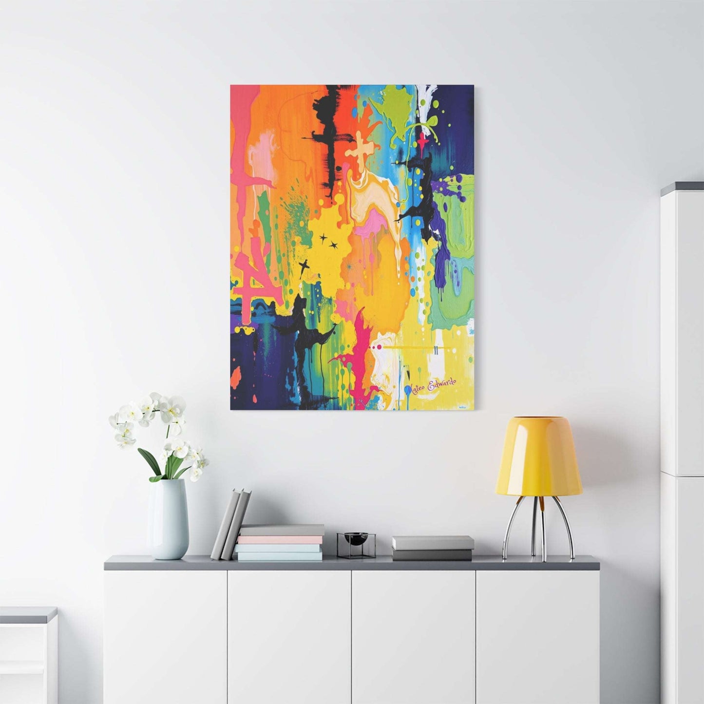 Colorful display of FracturVivid Symbolism: Fractured Faith Canvas Art, featuring vibrant hues and symbolic crosses.