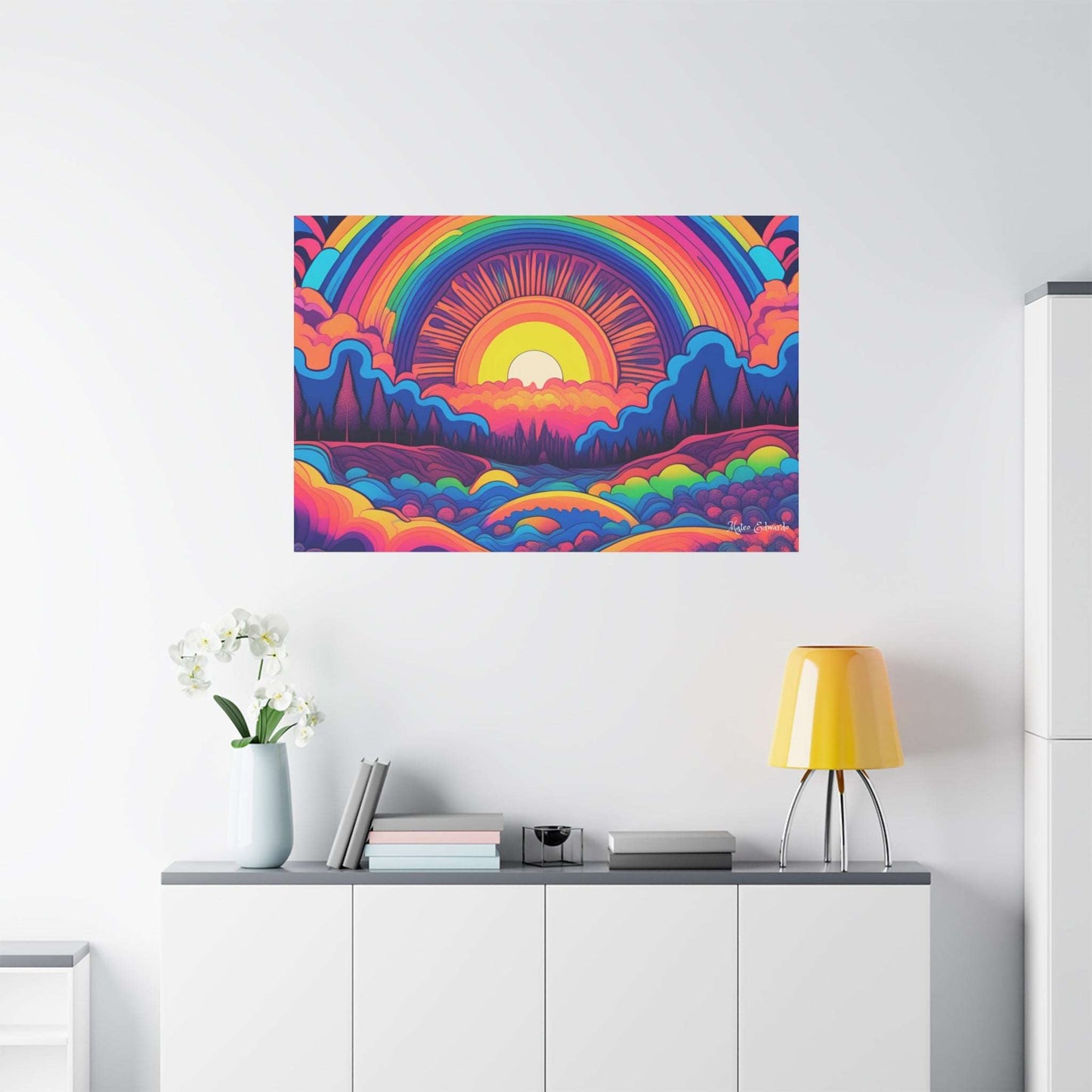 Transform your space with Rainbow Radiance Pschyedelic Gothic Canvas Art, featuring vibrant colors and a surreal landscape.
