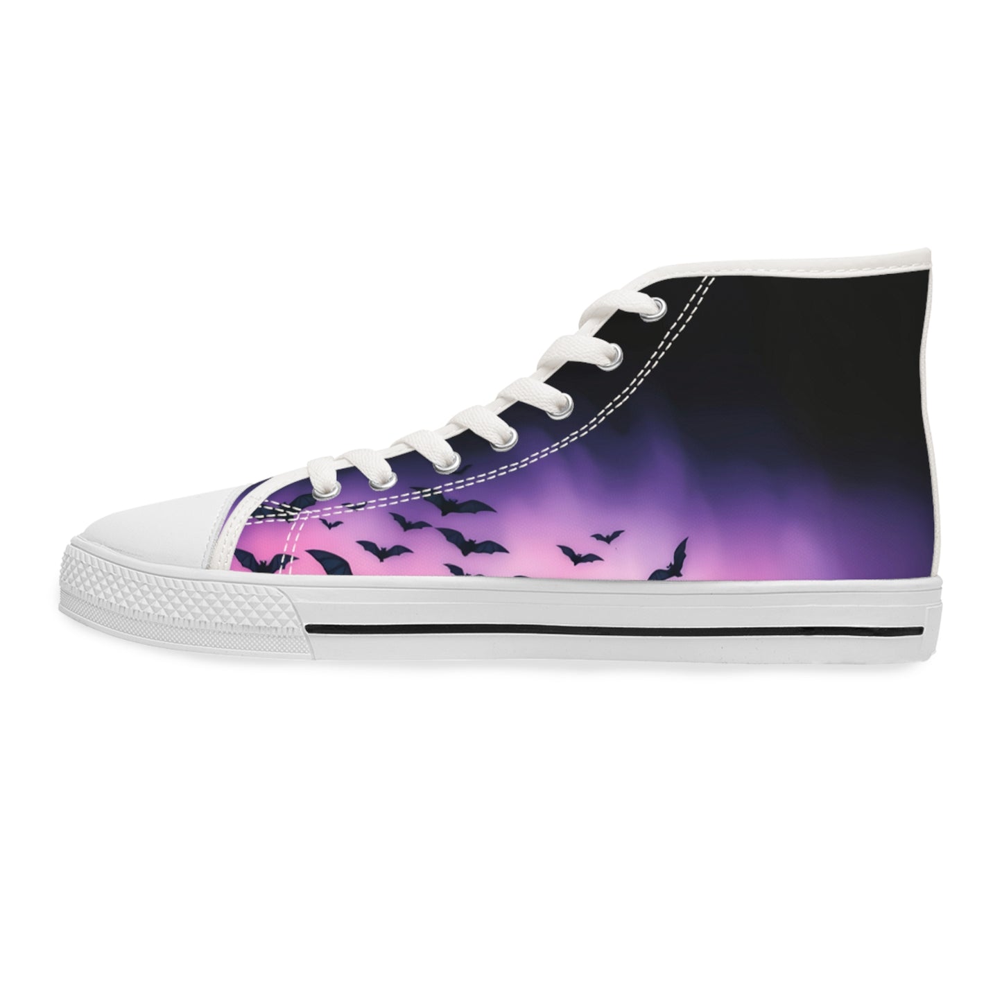 Moonlit Bats Women's High-Top Sneakers showcase a gothic design with a crescent moon and bats against a purple backdrop.