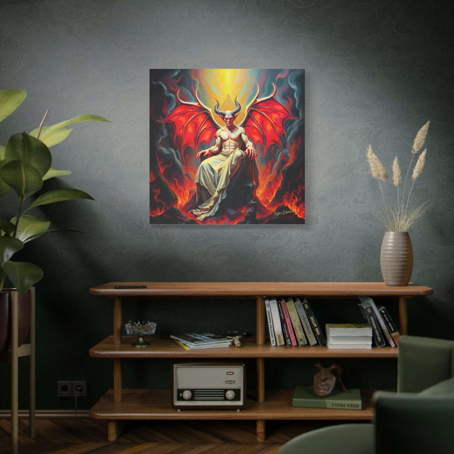 Scarlet Winged Tyrant: Blaze Crowned Ascension Gothic Art showcases a demonic figure with striking scarlet wings on a throne.