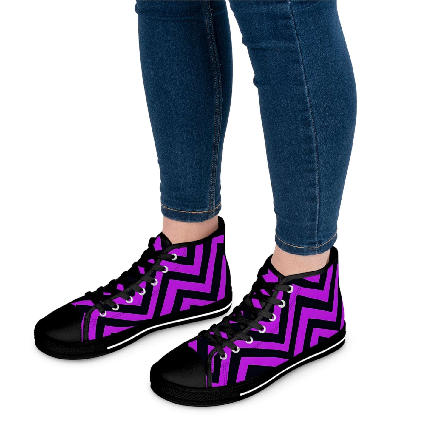 Bold Chevron Impact: Purple & Black high top sneakers, perfect for modern gothic style and bold fashion statements.