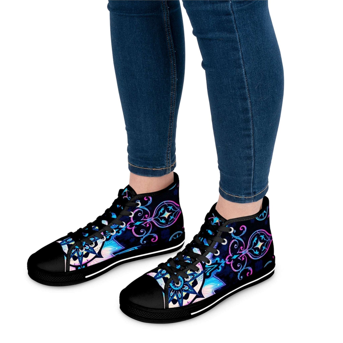 Stylish Celestial Scroll: Gothic Art High Top Sneakers showcase intricate designs, perfect for modern gothic art lovers.