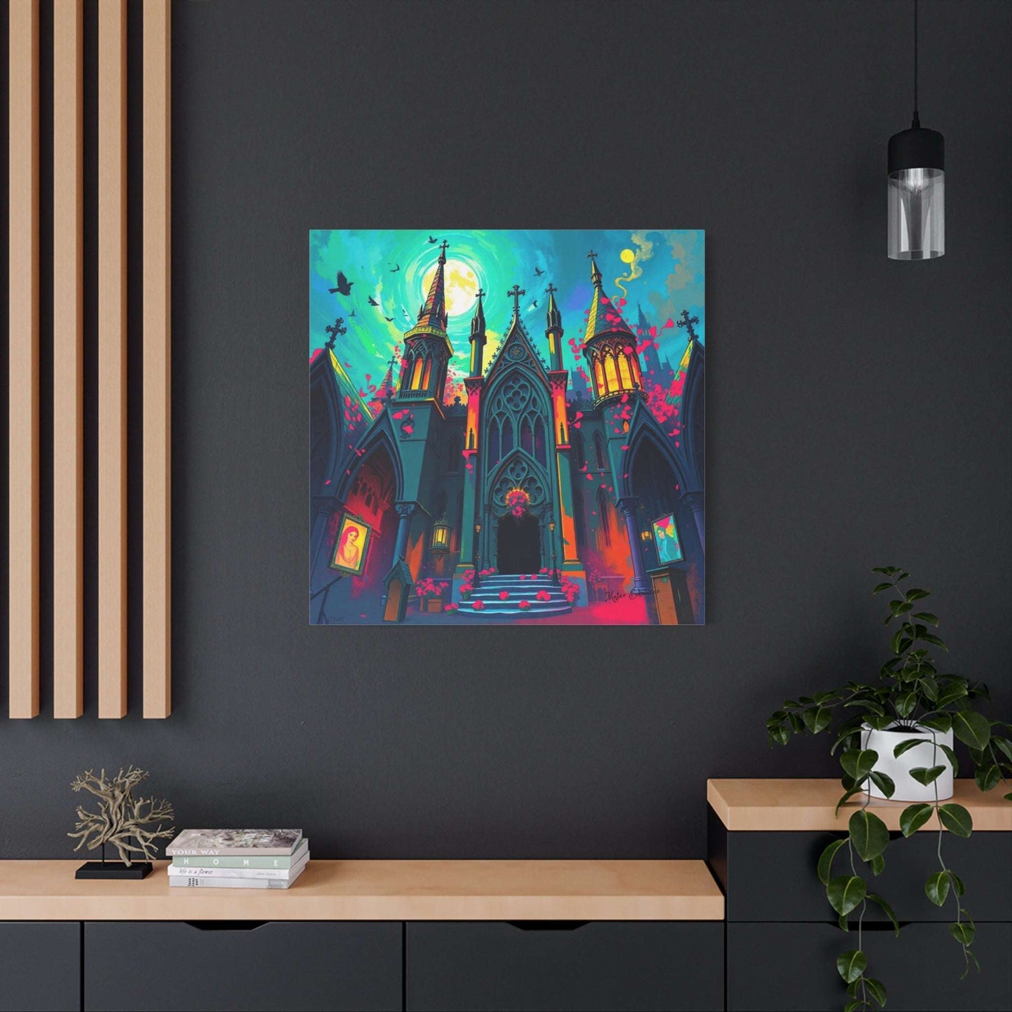 Vibrant Luminescent Apex: Chromatic Gothic Sanctuary Art displays a stunning gothic structure in rich colors.