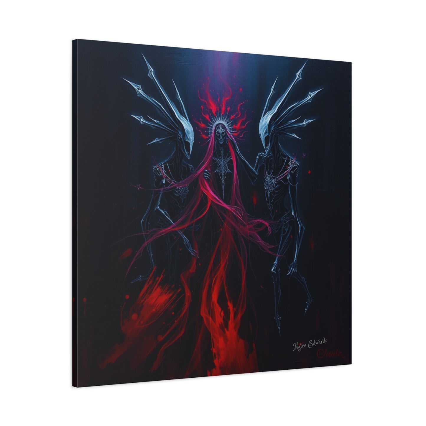 Three spectral figures converge in a dramatic scene of crimson in Shadow Syndicate: Crimson Descent Gothic Art.