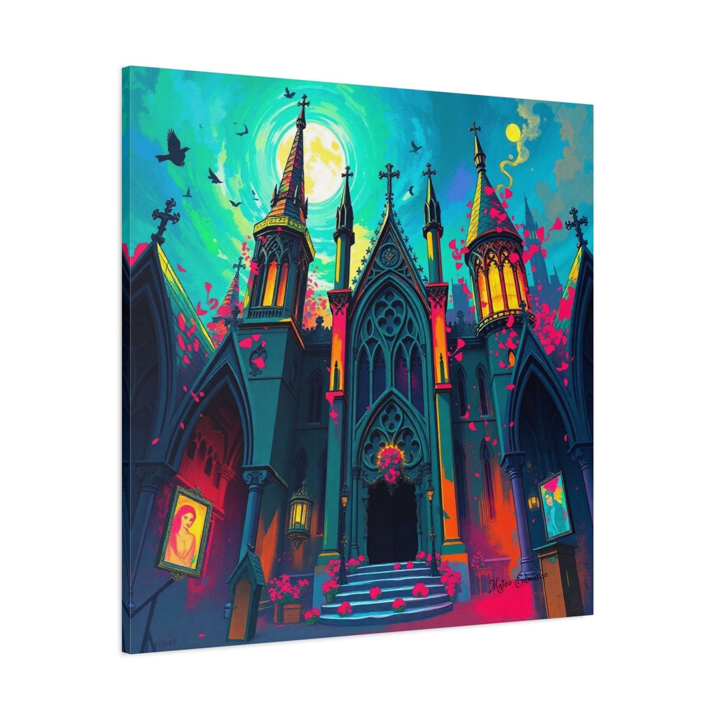 Vivid colors illuminate the majestic gothic sanctuary in the Luminescent Apex: Chromatic Gothic Sanctuary Art.