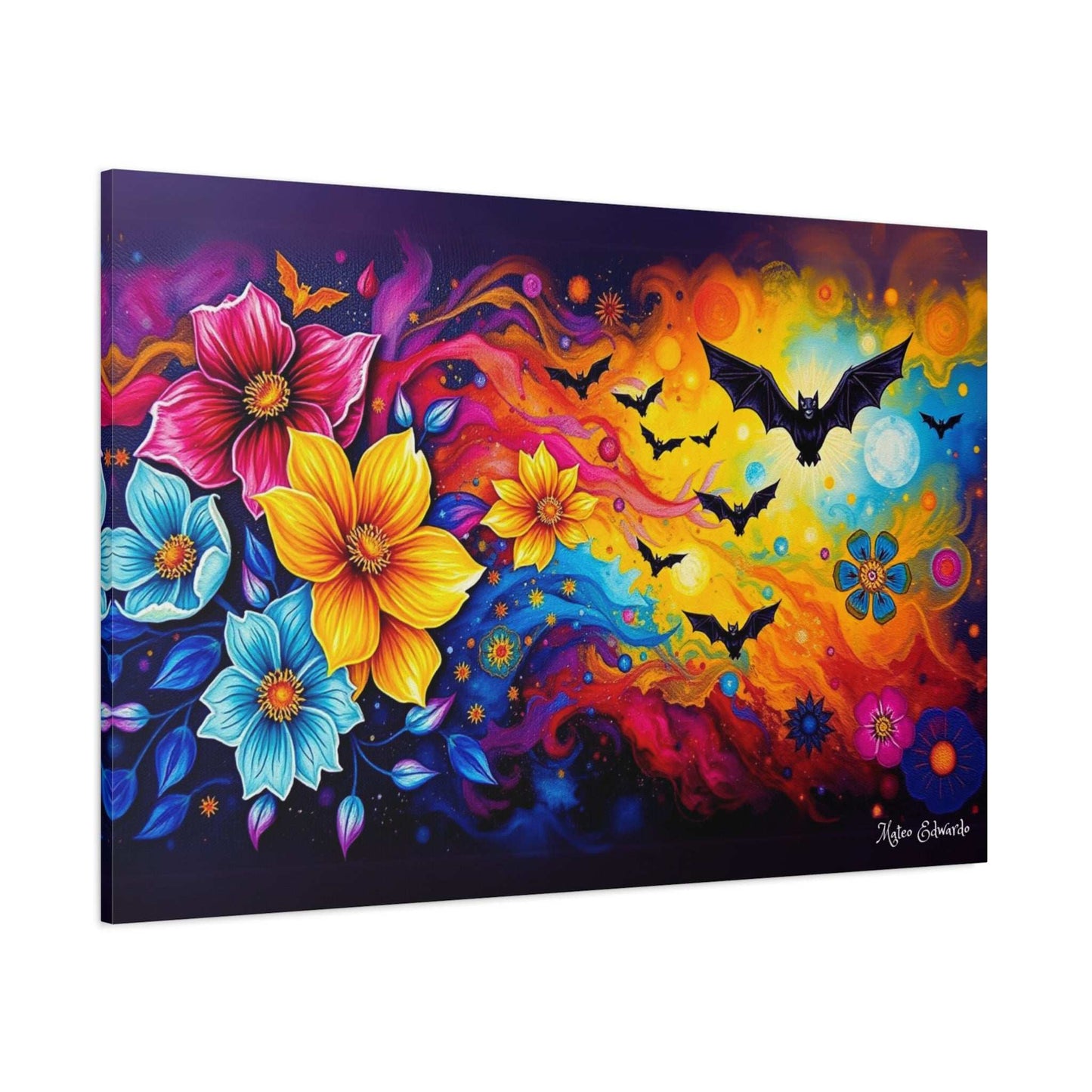 Vibrant Spectral Flight canvas art with bats and floral designs, perfect for transforming any space.