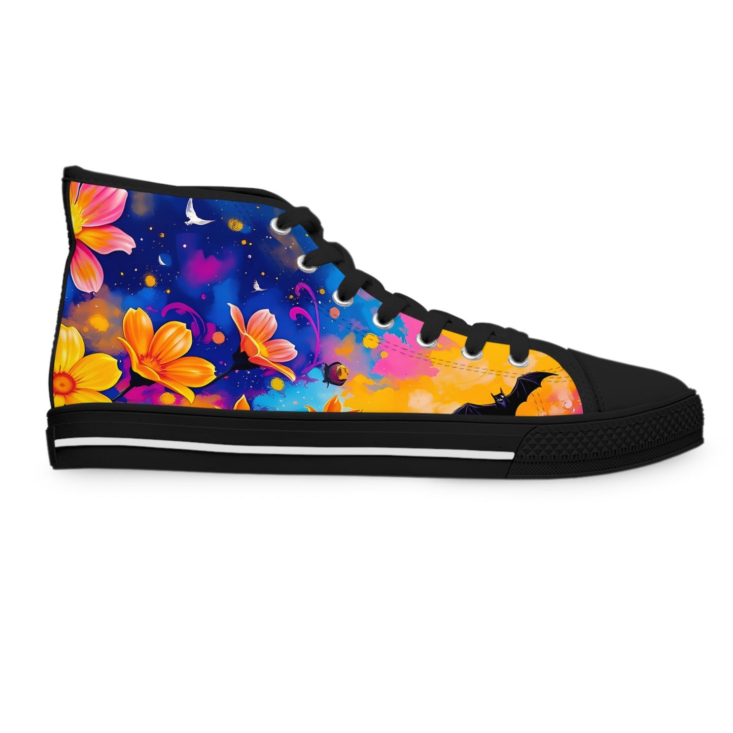 Stylish Midnight Floral & Bats high top canvas sneakers blend Gothic art with modern elegance, perfect for any outfit.
