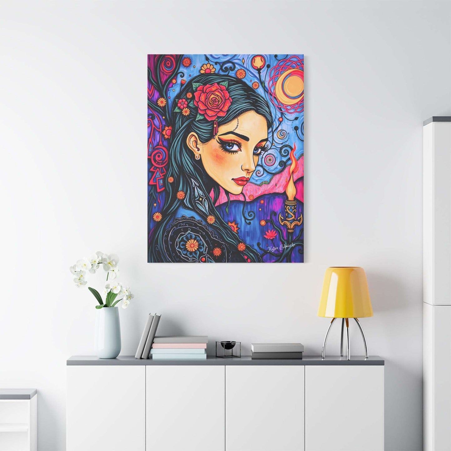 Vibrant Dream Weaver: Floral Enchantress Canvas Art showcasing a woman's captivating gaze among surreal patterns.