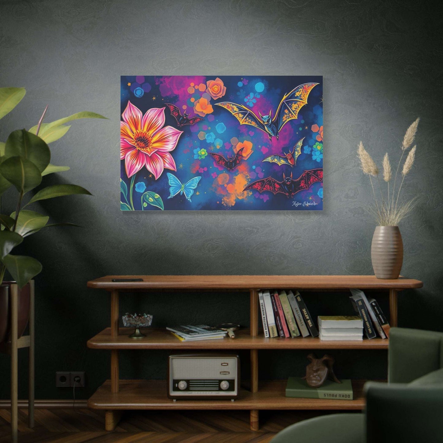 Colorful Bat Flight & Floral Fantasy Canvas Art showcasing intricate bats and vibrant florals, perfect for any decor.