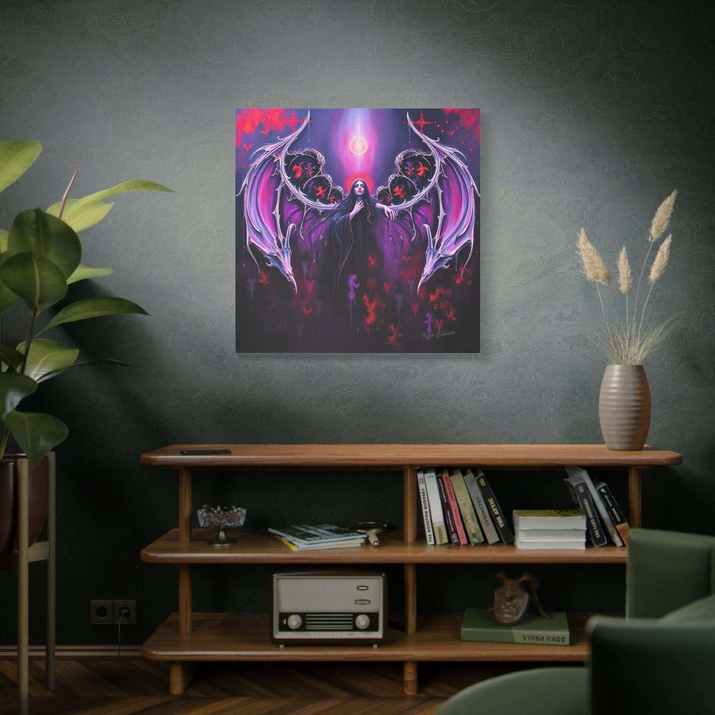 Dark elegance of Shadowed Wings: Obsidian Grace Gothic Art, featuring ornate wings and deep shadowy backdrop.