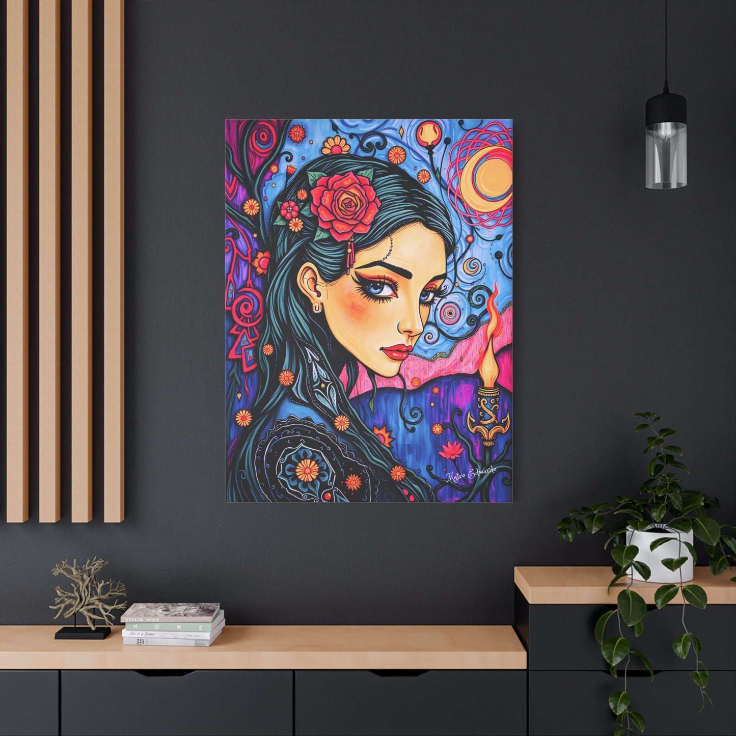 Captivating "Dream Weaver: Floral Enchantress Canvas Art" graces a modern wall, blending vibrant colors and artistic flair.