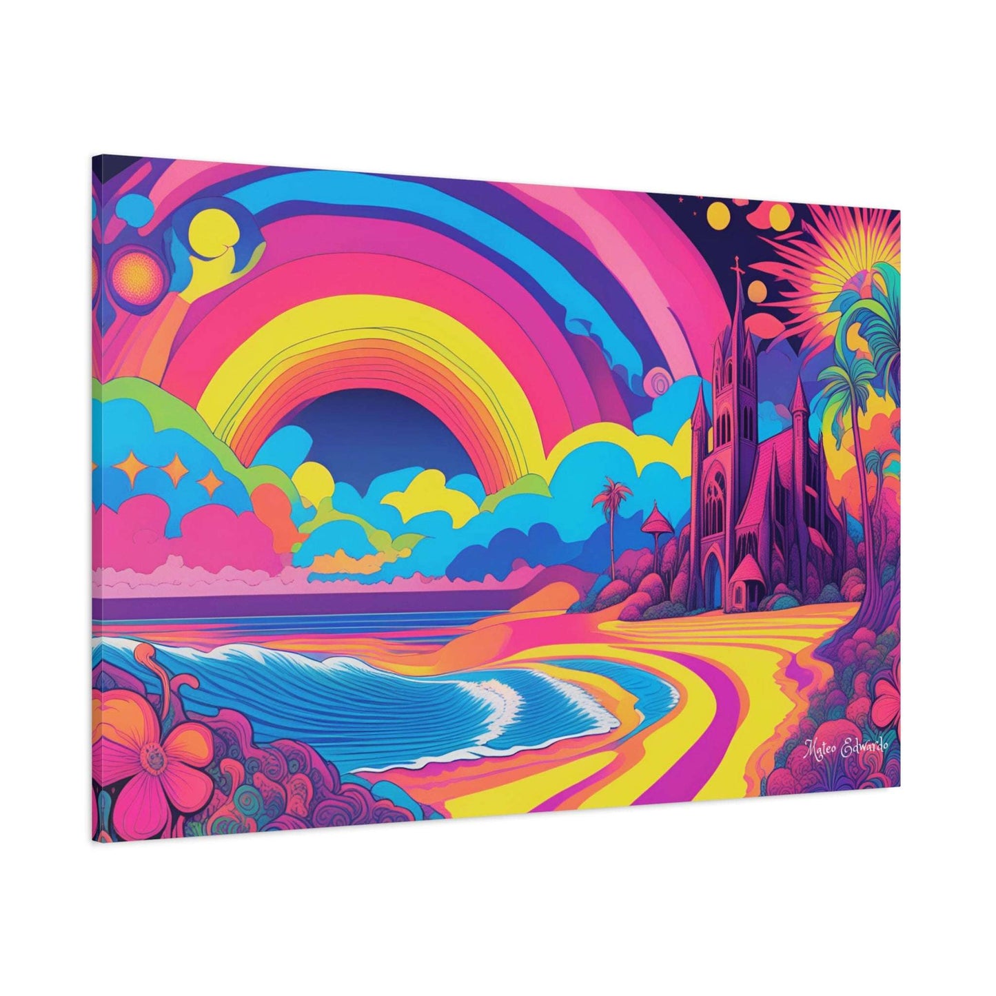 Vibrant beach scene with gothic cathedral in the Cathedral Coast Psychedelic Gotic Canvas Art, perfect for decor.