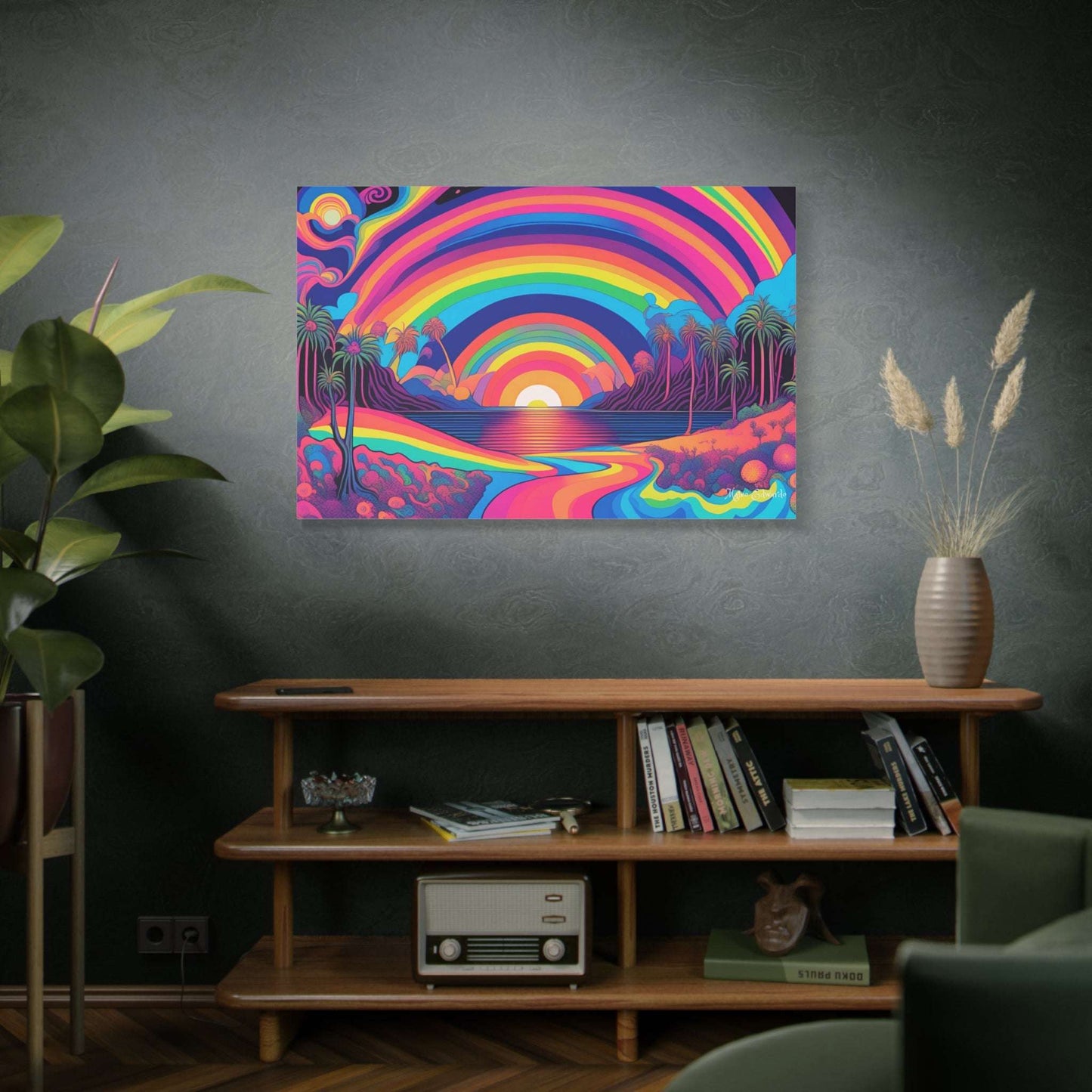 Vibrant Rainbow Vista Psychedelic Gothic Canvas Art showcasing a stunning landscape with a radiant sunset and rainbow.