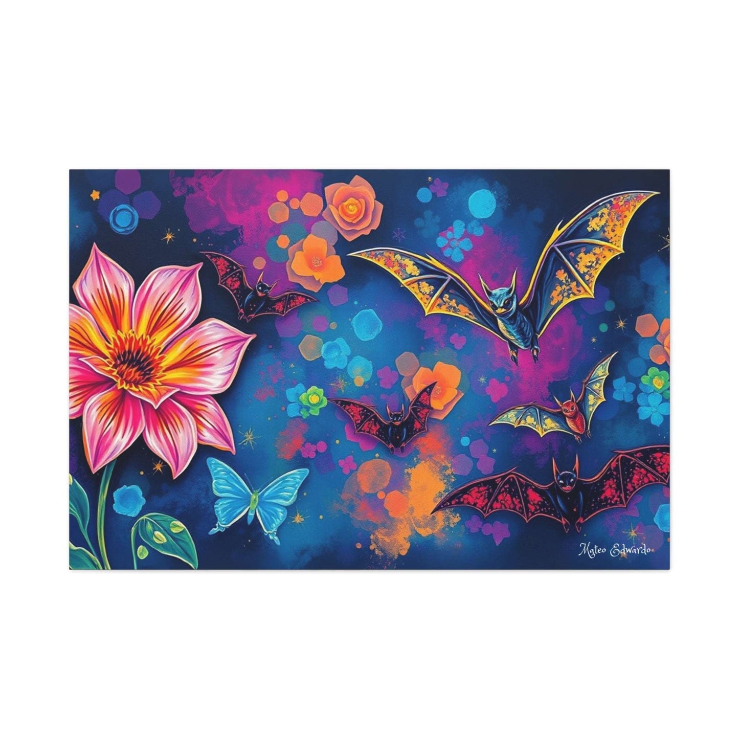 Vibrant Bat Flight & Floral Fantasy Canvas Art featuring colorful bats and florals for a unique decor touch.