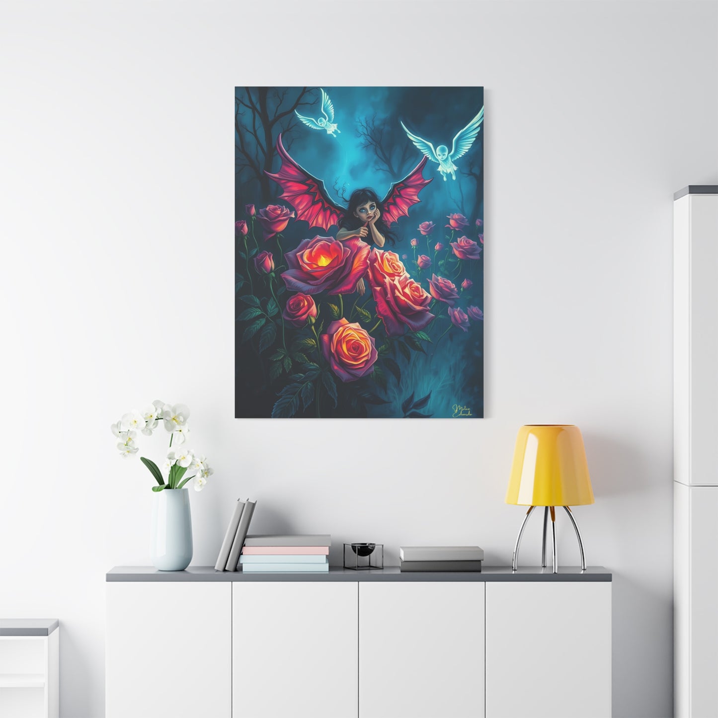 Transform your space with the enchanting Fae's Twilight Rose Garden Canvas Art Print, featuring a fae and vibrant roses.