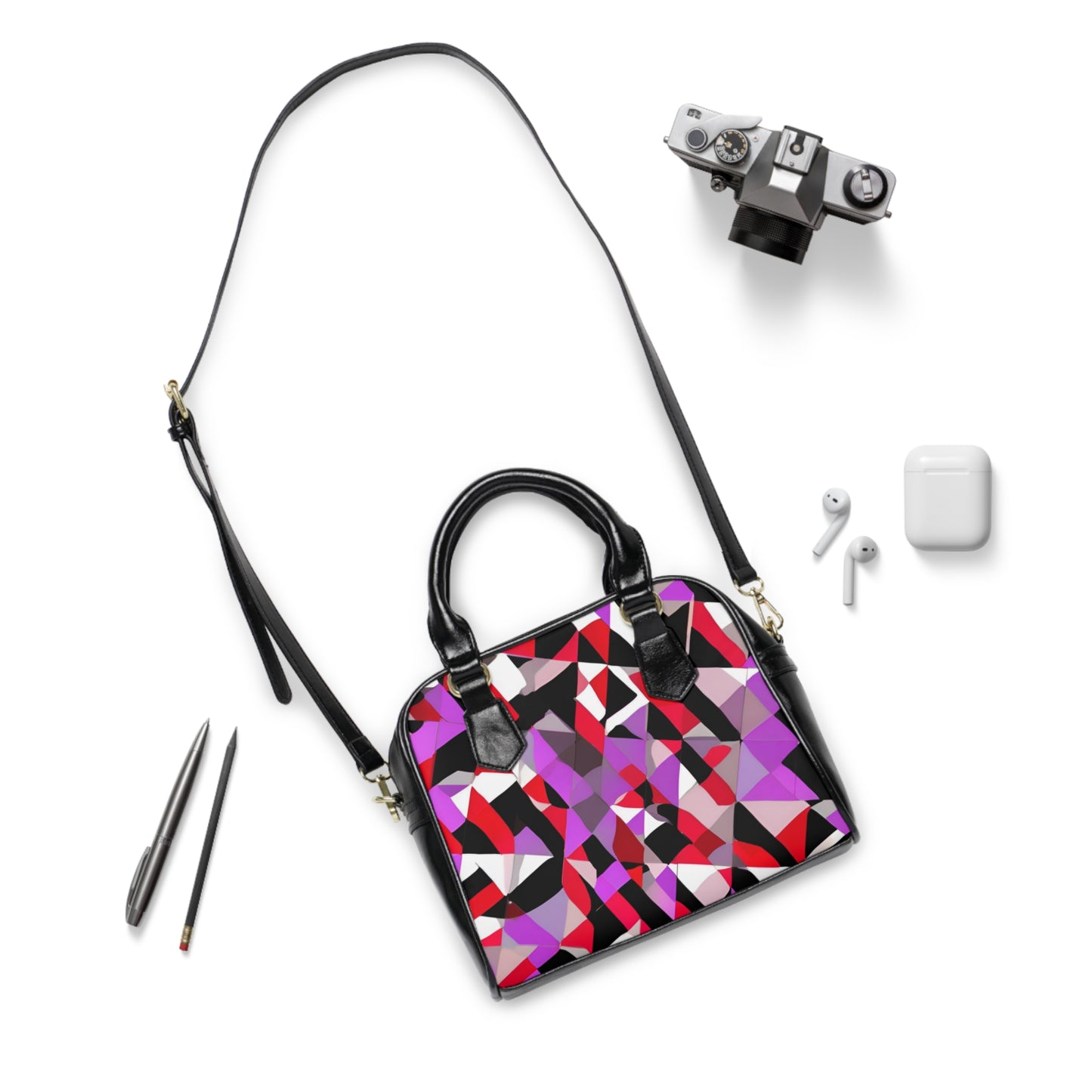 Stylish Amethyst Edge: Abstract Form Shoulder Bag with vibrant geometric design, perfect for modern, avant-garde fashion.