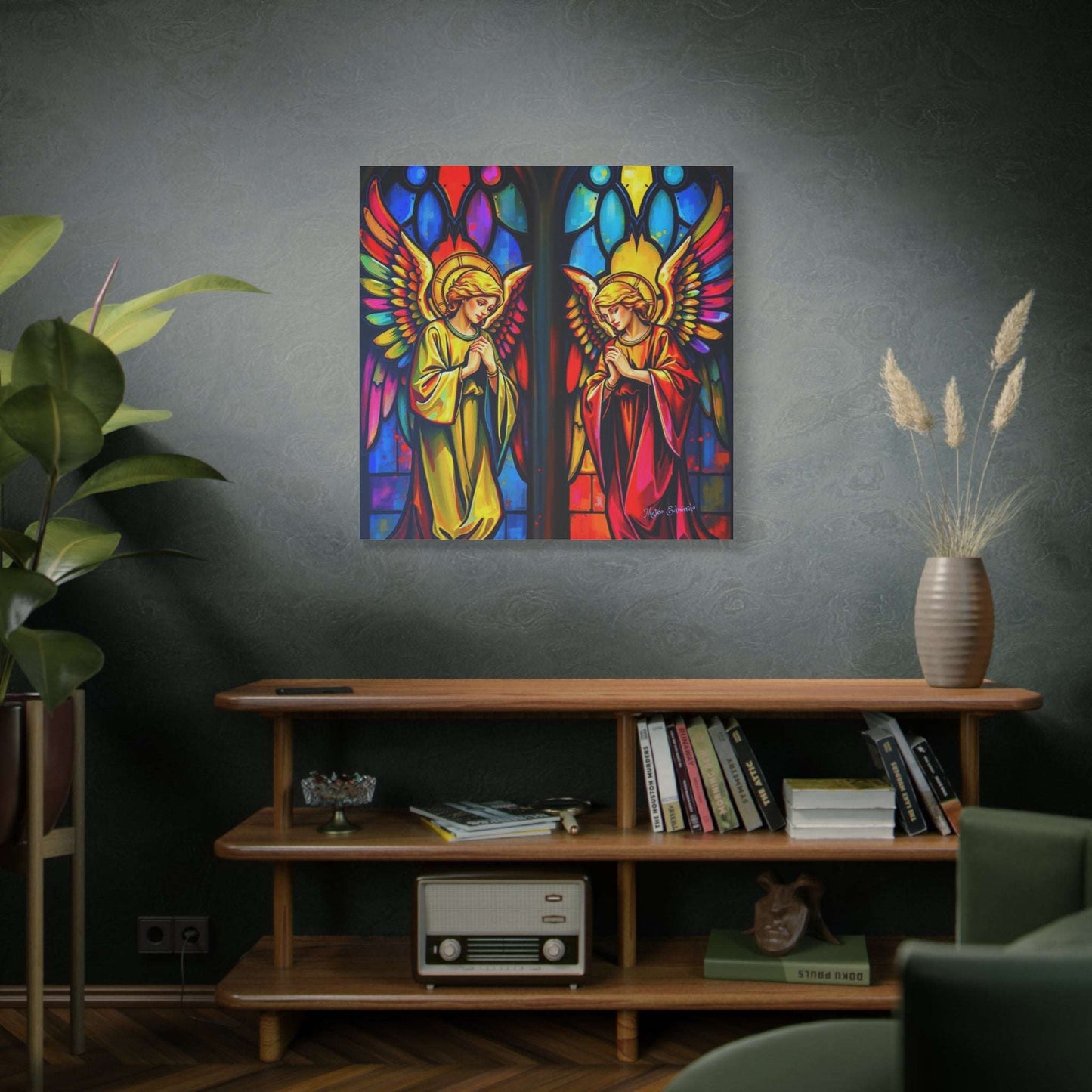 Vibrant Dual Angelic Reverence Stained Glass Gothic Art showcasing angelic figures in reverent poses, perfect for your decor.
