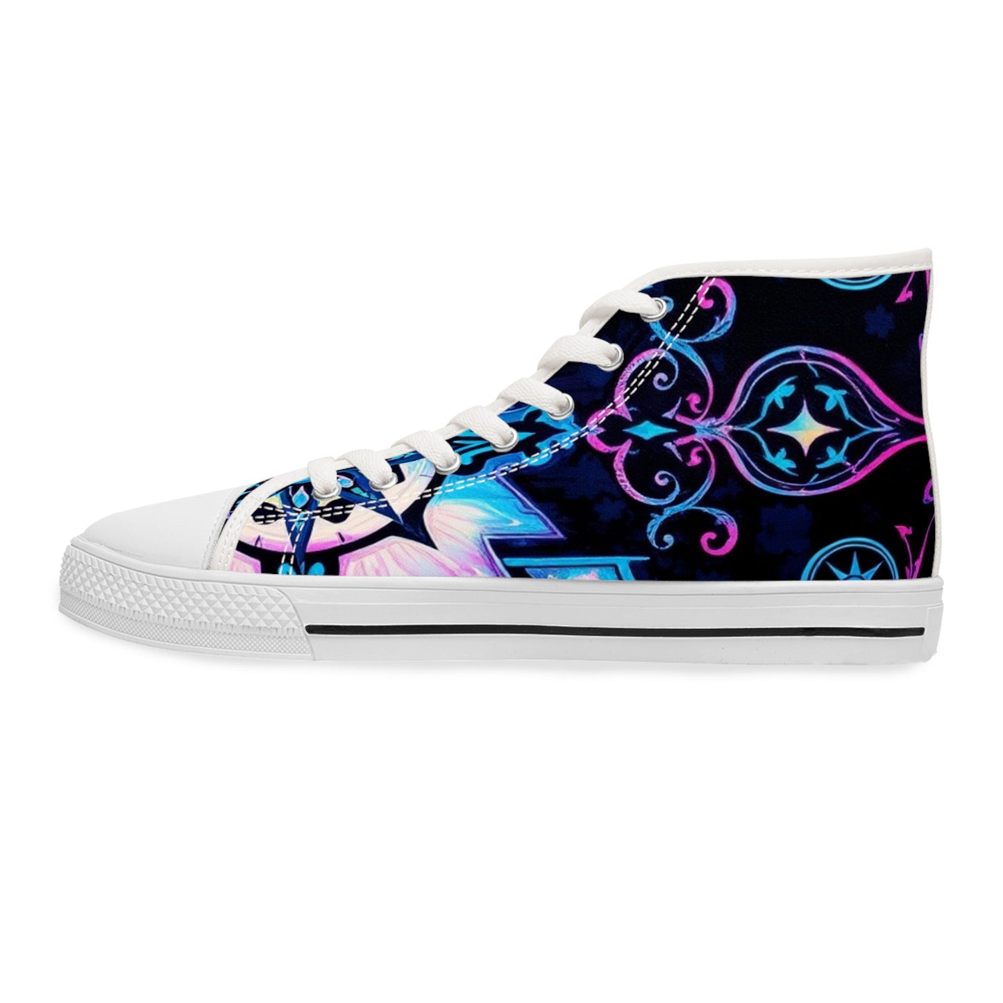 Celestial Scroll: Gothic Art High Top Sneakers showcase intricate gothic designs and vivid colors for stylish comfort.