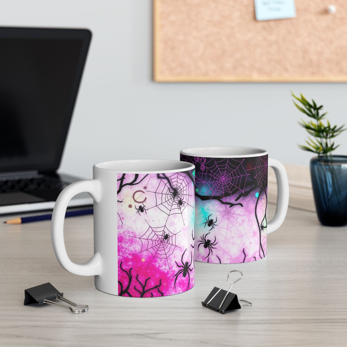 Stylish Arachnid Web Shadow Ceramic Mug showcasing intricate spider webs and shadowy arachnids against a textured backdrop.