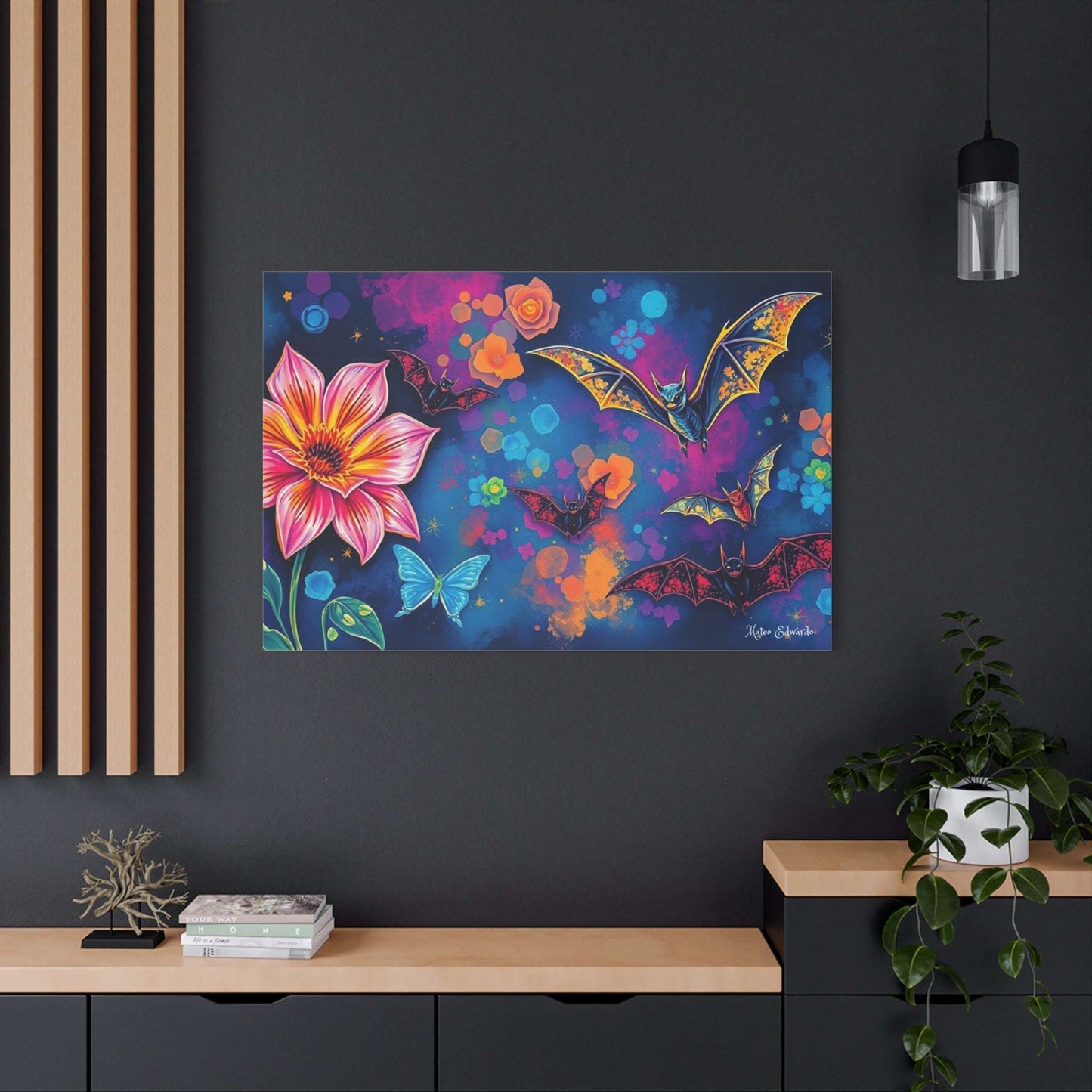 Vibrant Bat Flight & Floral Fantasy Canvas Art showcasing gothic bats and whimsical florals on a striking background.