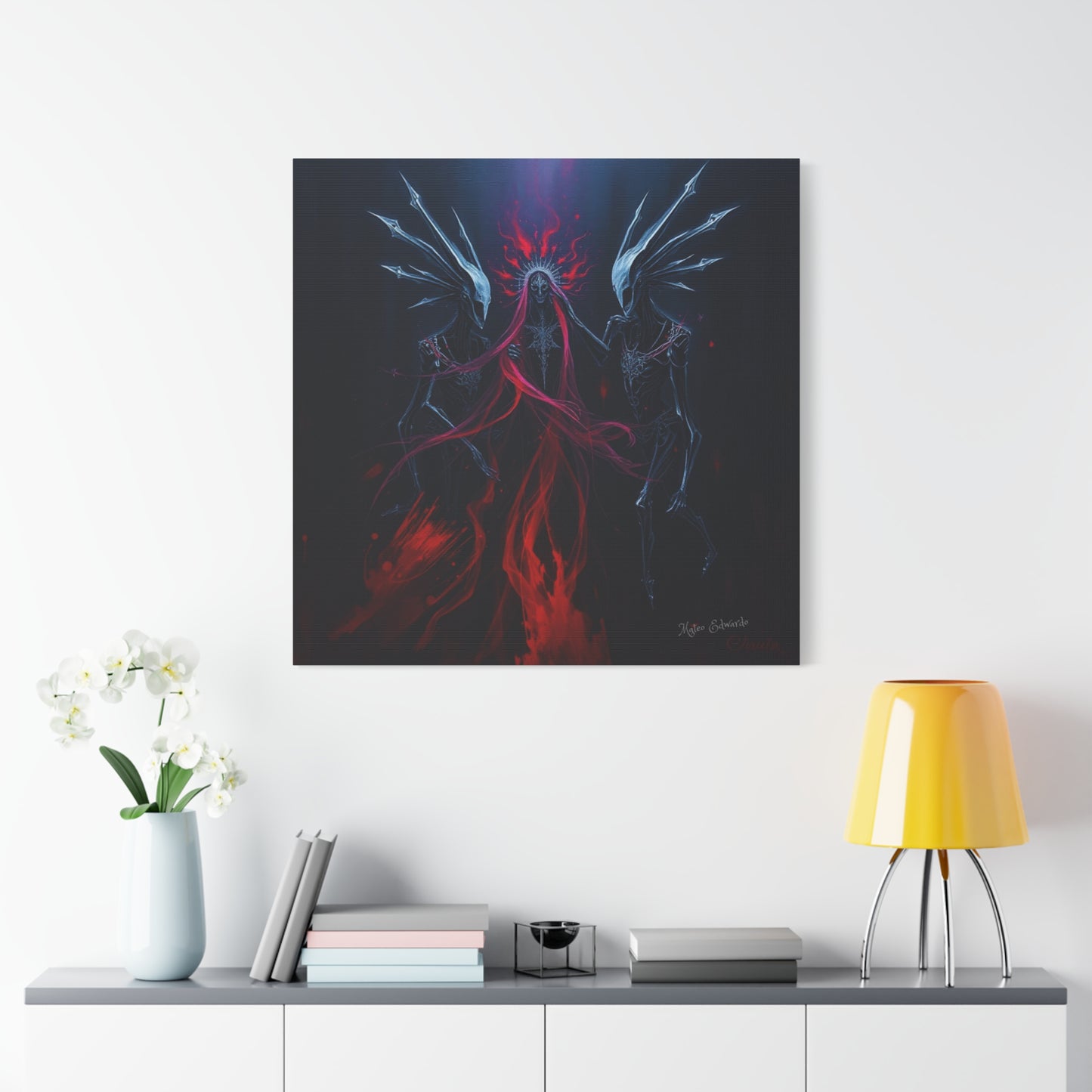 Shadow Syndicate: Crimson Descent Gothic Art features three spectral figures in a dramatic crimson scene. Perfect for decor.
