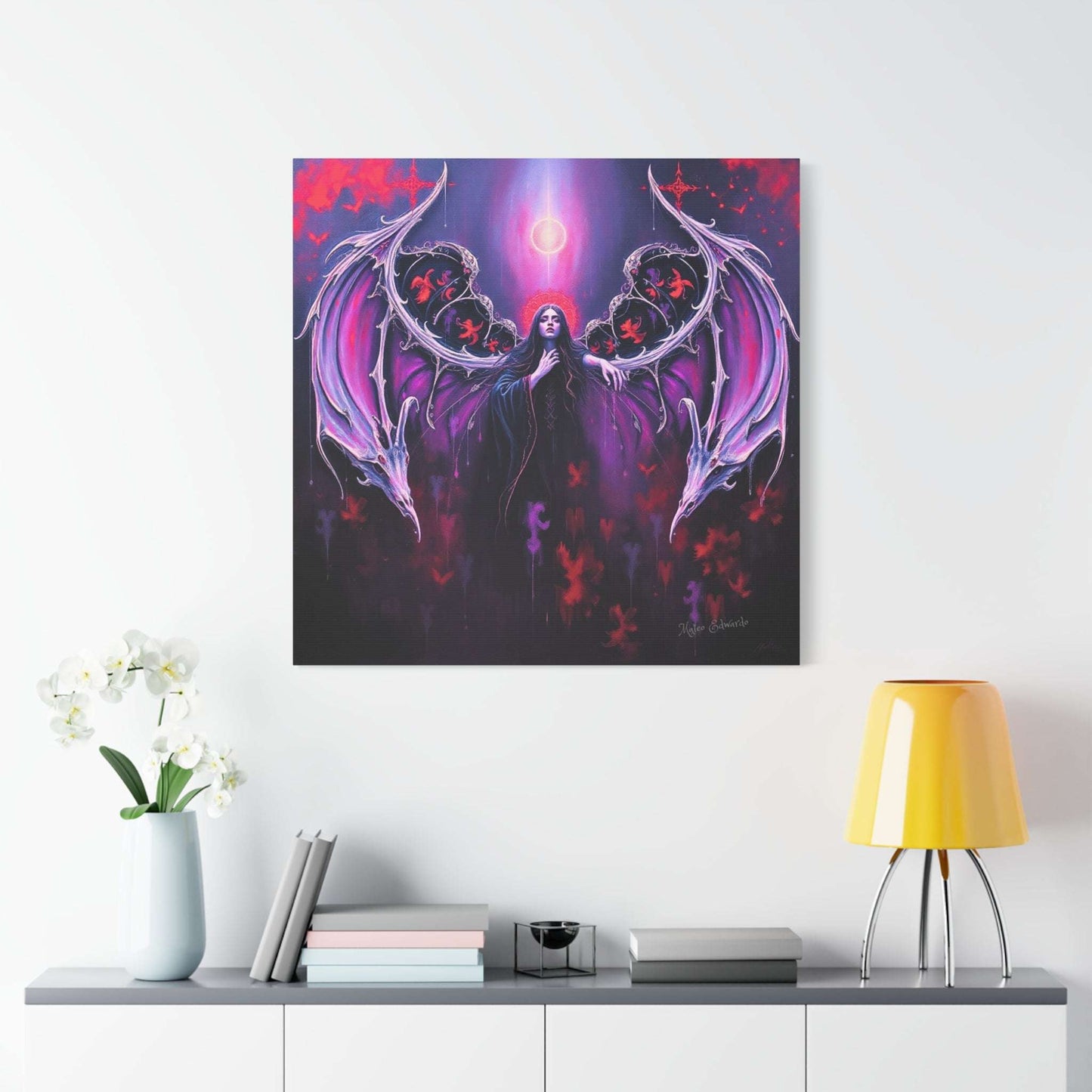 Striking "Shadowed Wings: Obsidian Grace Gothic Art" features ornate wings against deep shadows, perfect for your space.