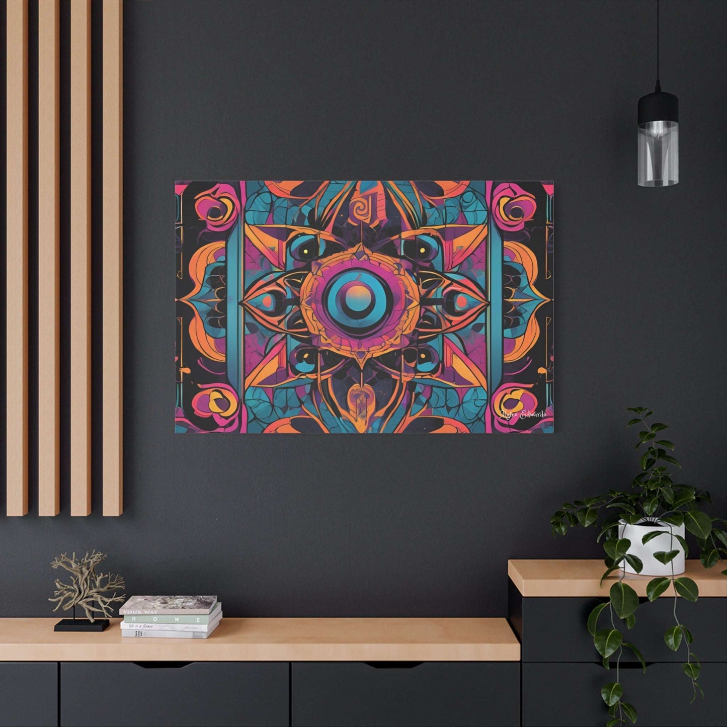 Bright and vibrant Gothic Geometry Canvas Art displayed on a wall, enhancing modern decor with intricate design.
