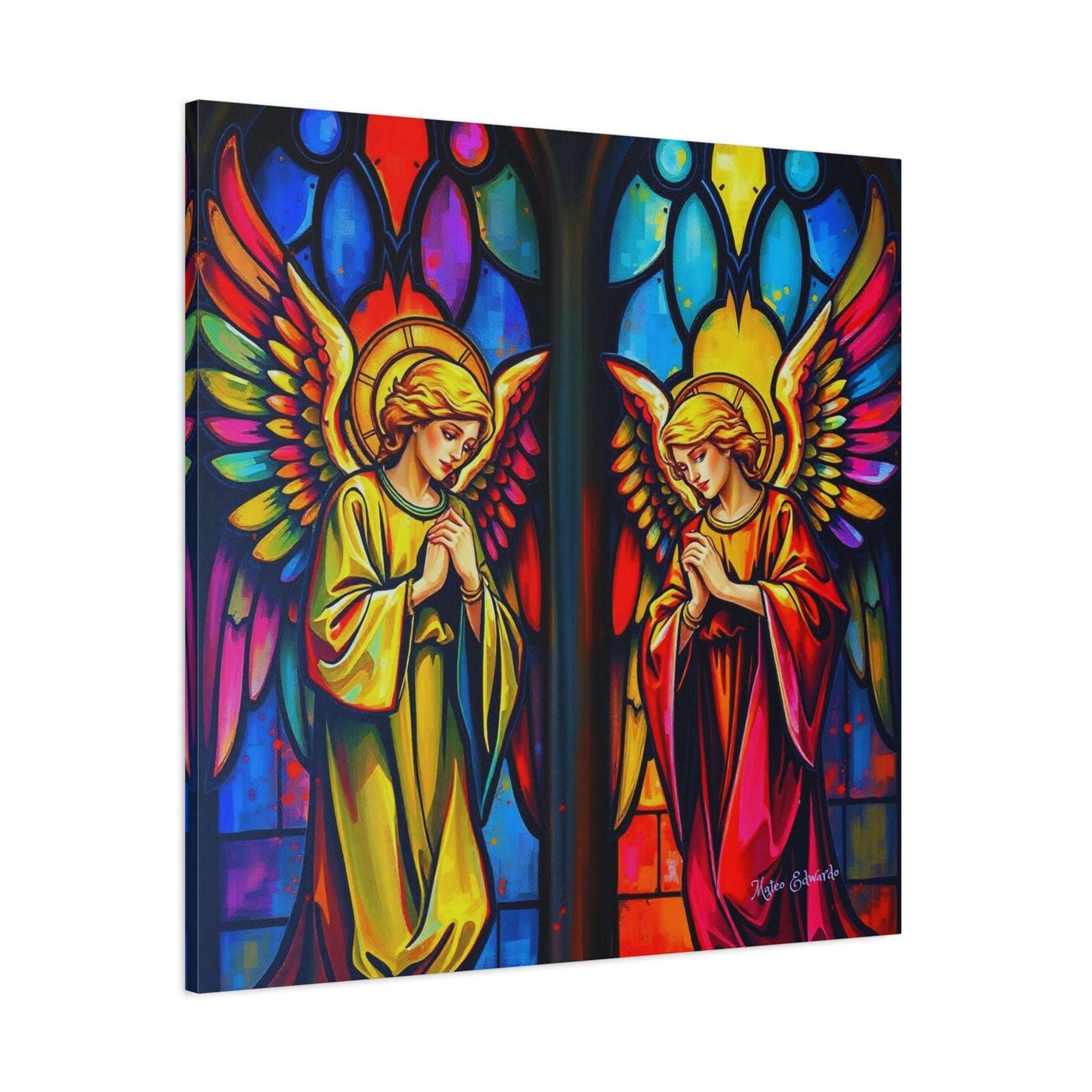Dual Angelic Reverence Stained Glass Gothic Art showcases serene angels in vibrant colors, perfect for spiritual decor.