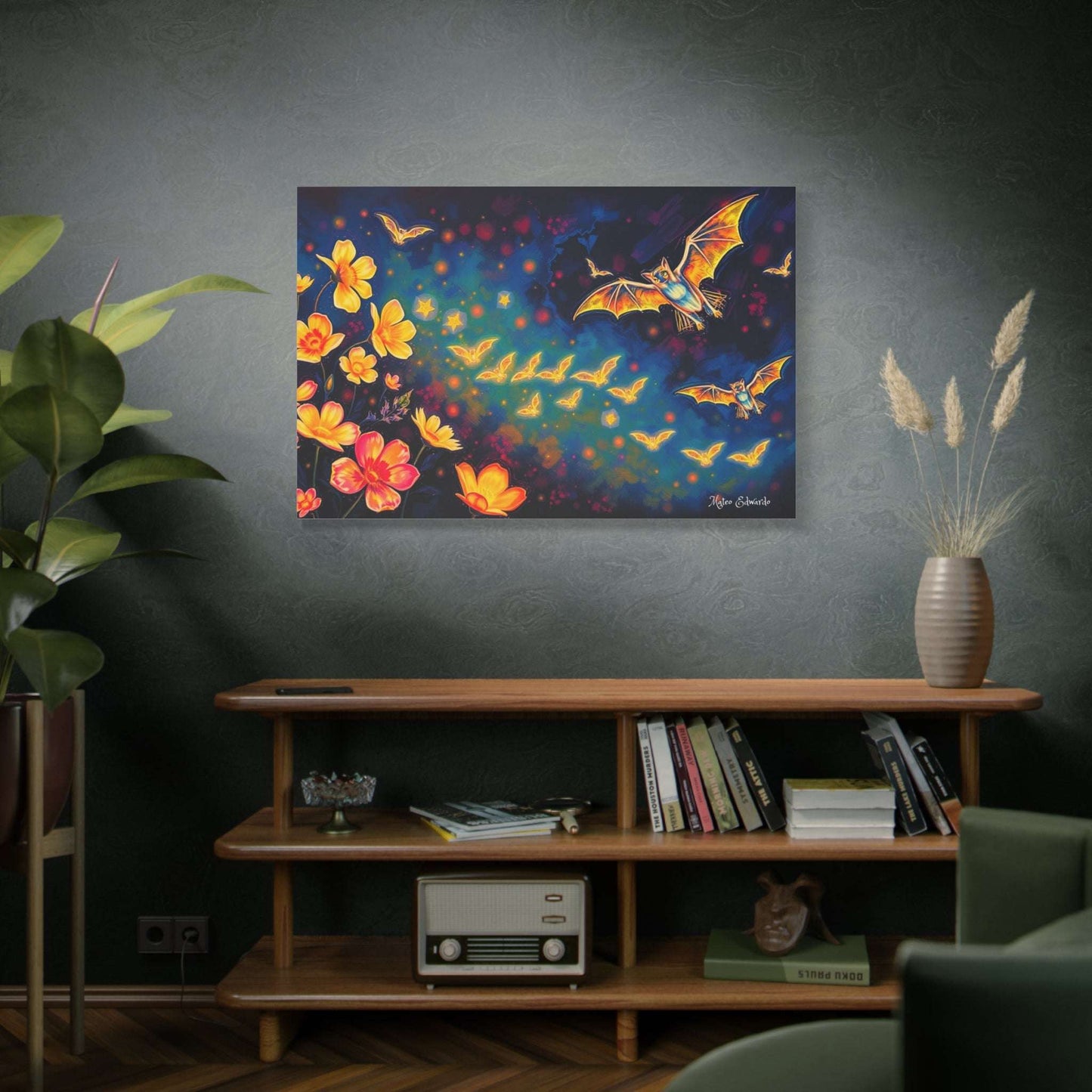 Illuminate your space with the Emberwing Bat Constellation Canvas Art, featuring glowing bats and vibrant floral patterns.