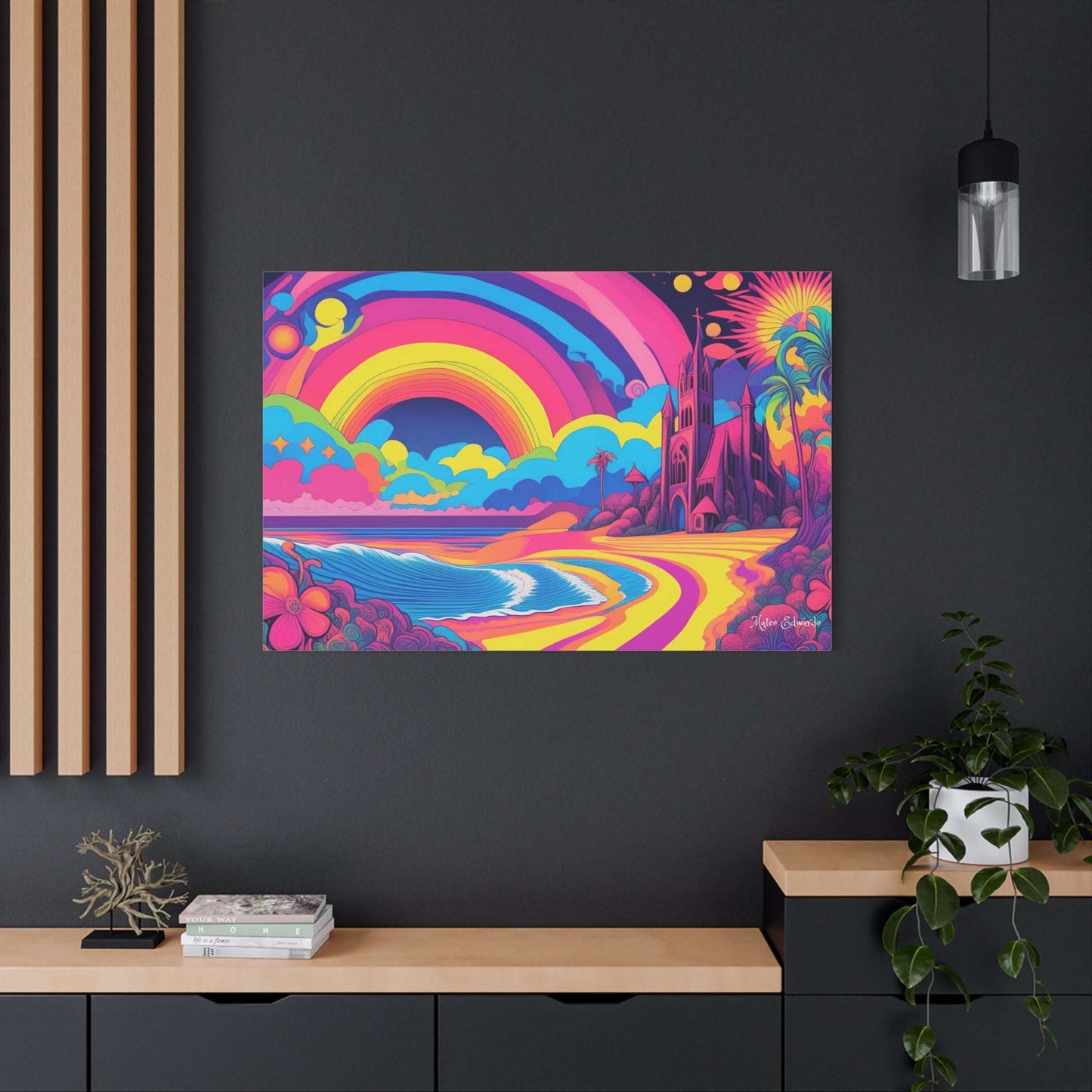 Vibrant beach scene with gothic cathedral in the Cathedral Coast Psychedelic Gotic Canvas Art for striking decor.