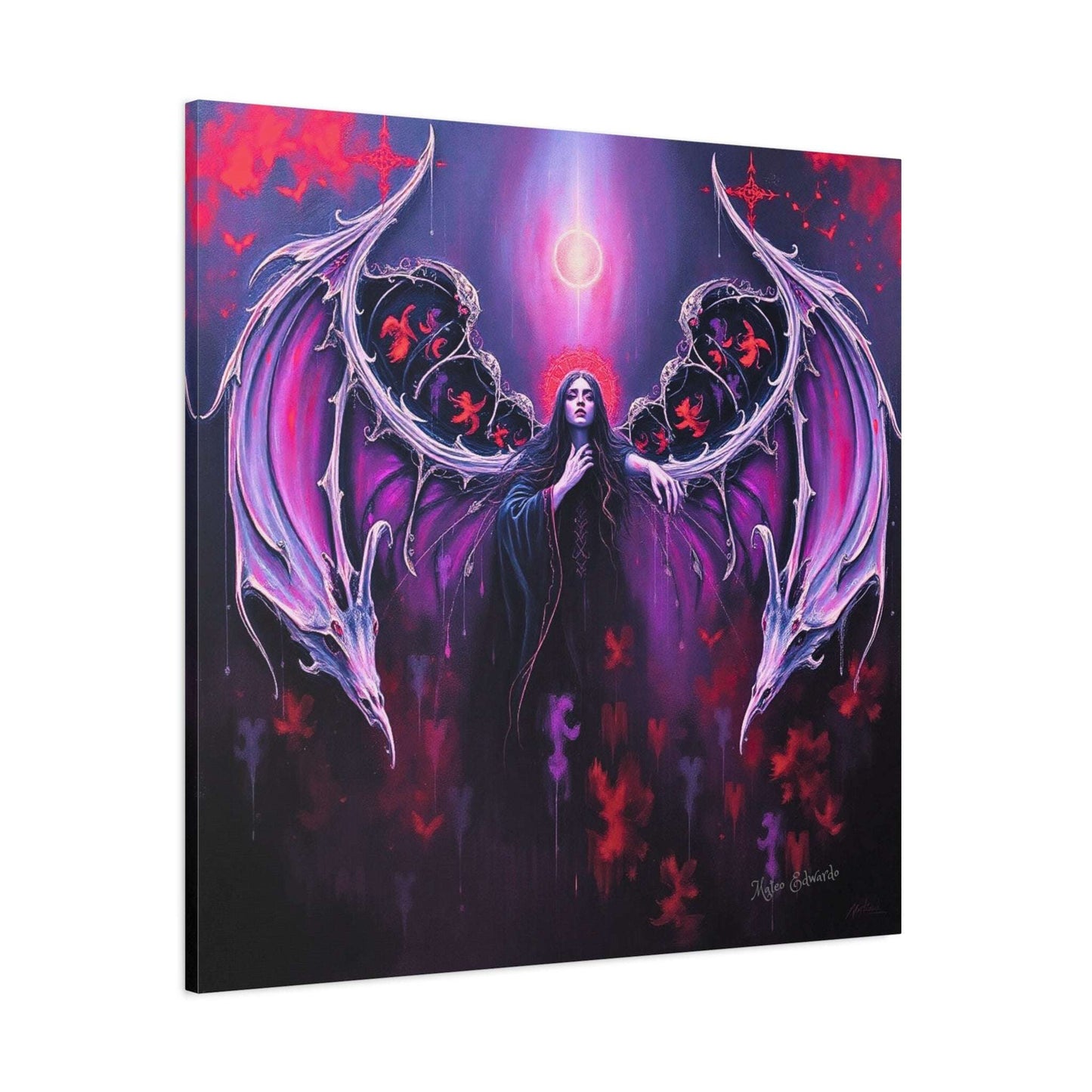 Striking gothic art, "Shadowed Wings: Obsidian Grace," features ornate wings and deep shadows for dark elegance.
