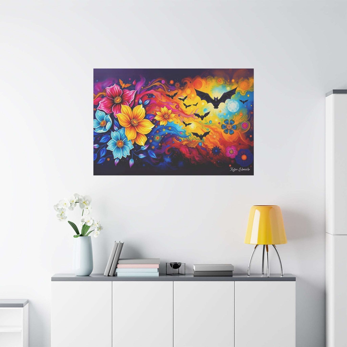 Transform your space with vibrant Spectral Flight & Floral Cascade Canvas Art featuring bats and colorful blooms.