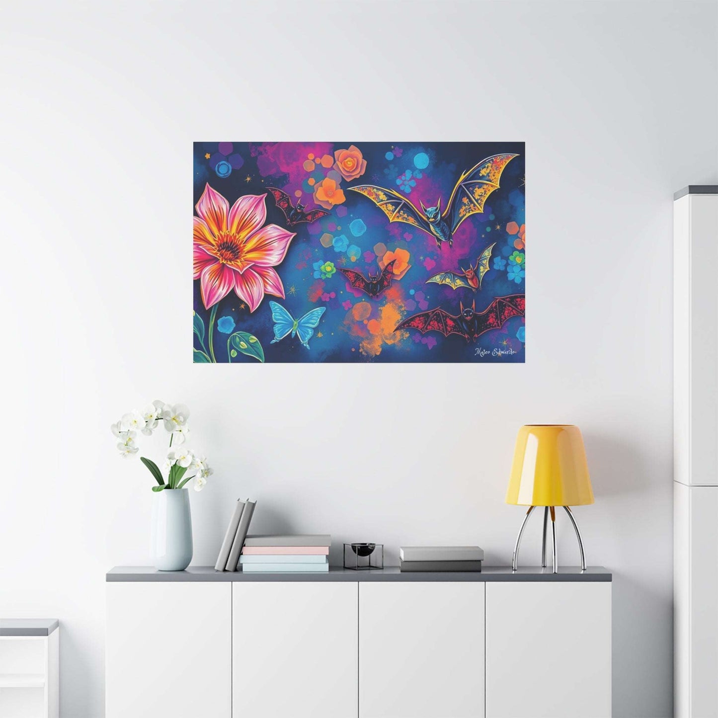 Vibrant Bat Flight & Floral Fantasy Canvas Art, featuring gothic bats and whimsical florals, perfect for any space.