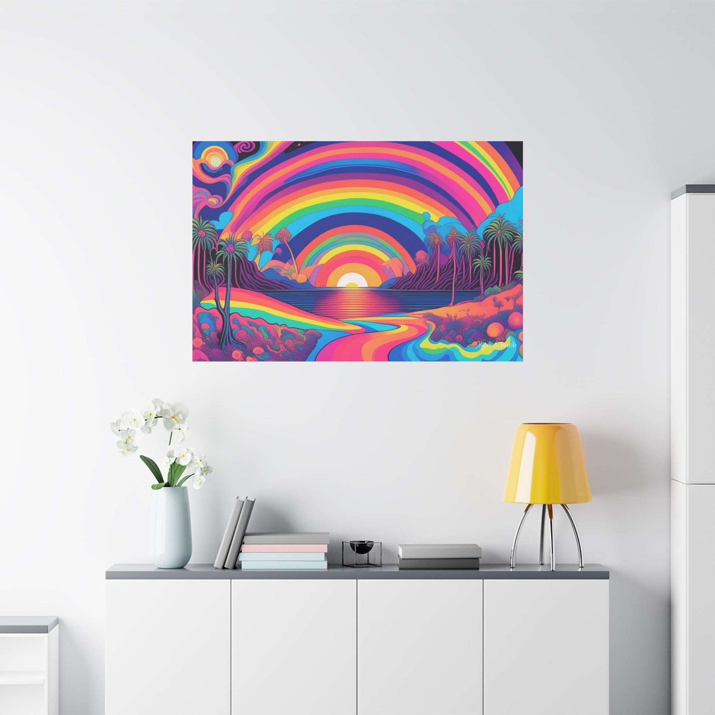 Vibrant Rainbow Vista Psychedelic Gothic Canvas Art showcasing a serene sunset and lush landscapes in vivid colors.