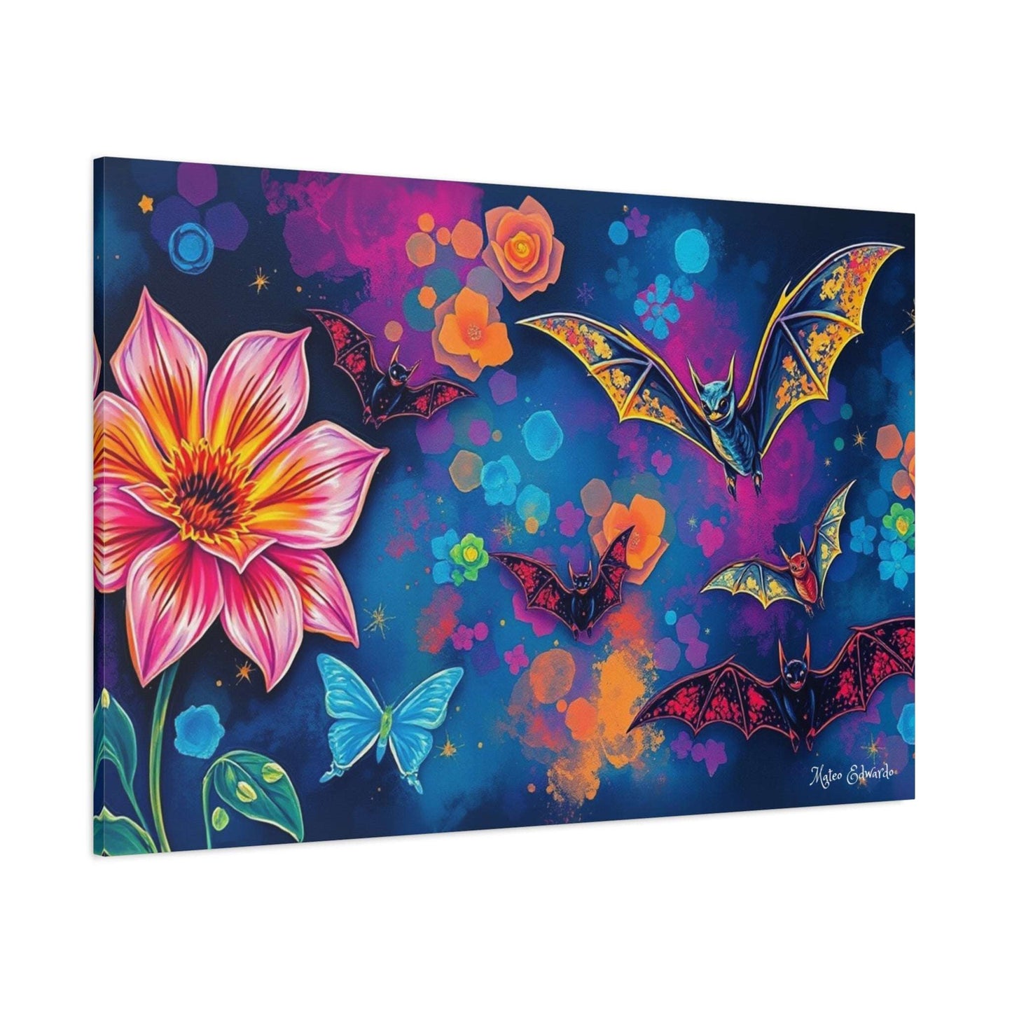 Vibrant Bat Flight & Floral Fantasy Canvas Art blends gothic bats with whimsical florals, perfect for any decor.