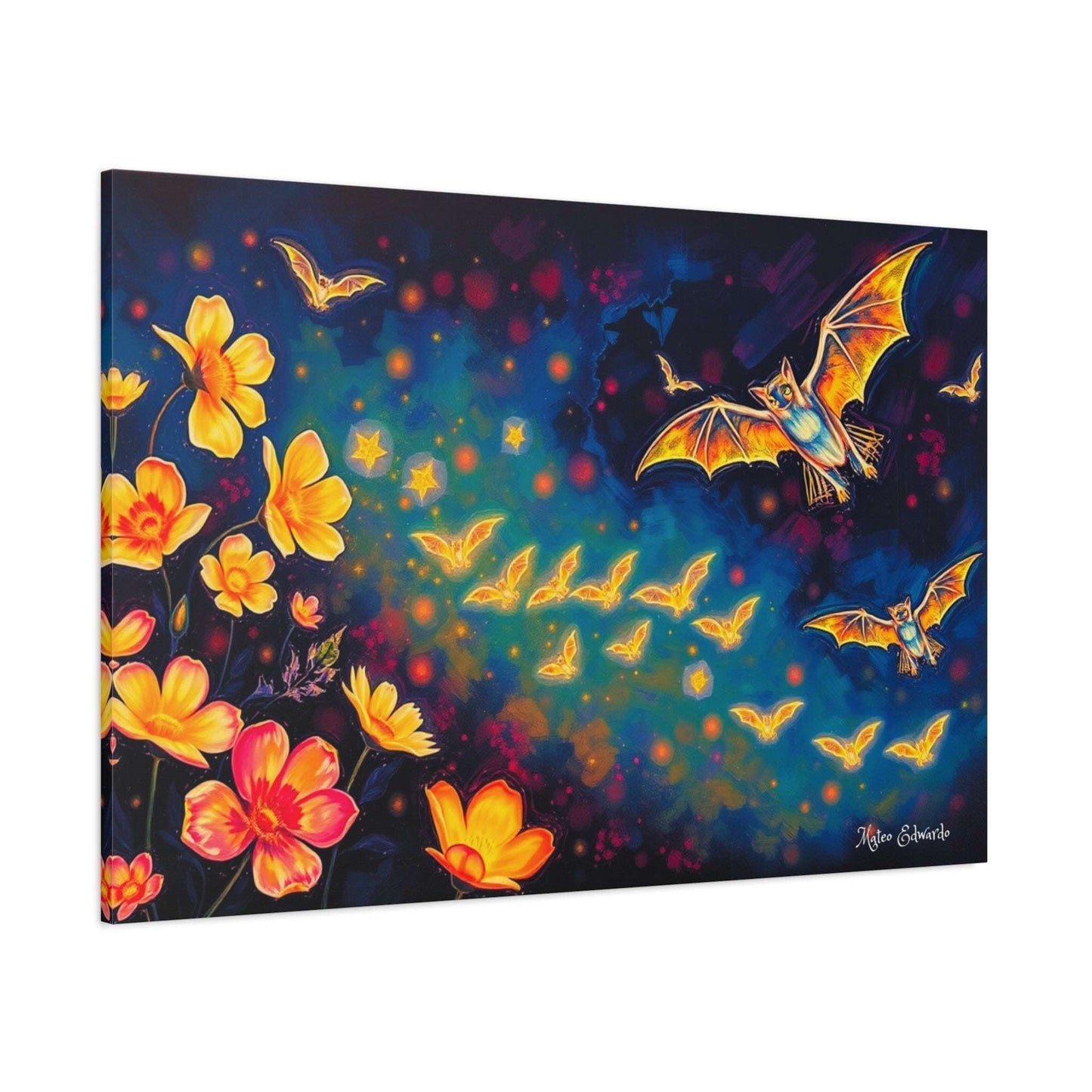 Captivating Emberwing Bat Constellation Canvas Art features glowing bats and vibrant flowers against a cosmic backdrop.