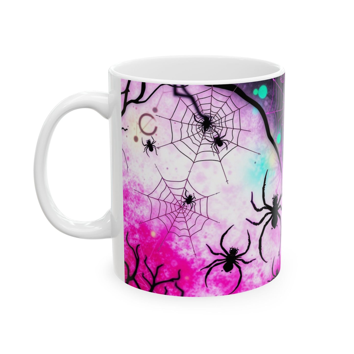 Arachnid Web Shadow Ceramic Mug features intricate spider webs and shadowy arachnids on a vibrant backdrop. Perfect for cozy moments.