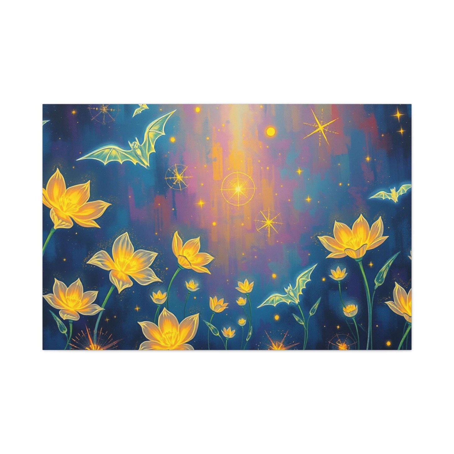 Nocturnal Garden Stretched Canvas Art features luminous flowers and ethereal bats in a mystical night setting.