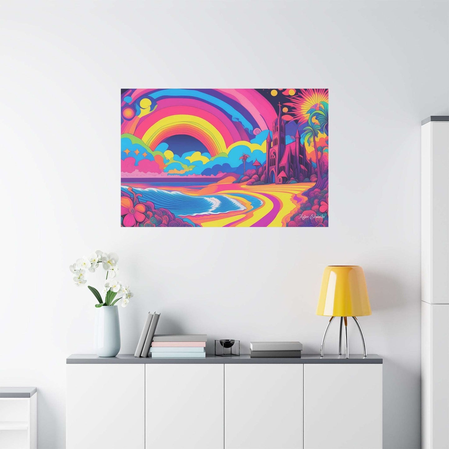 Vibrant beach scene featuring Cathedral Coast Psychedelic Gothic Canvas Art, perfect for transforming your space.