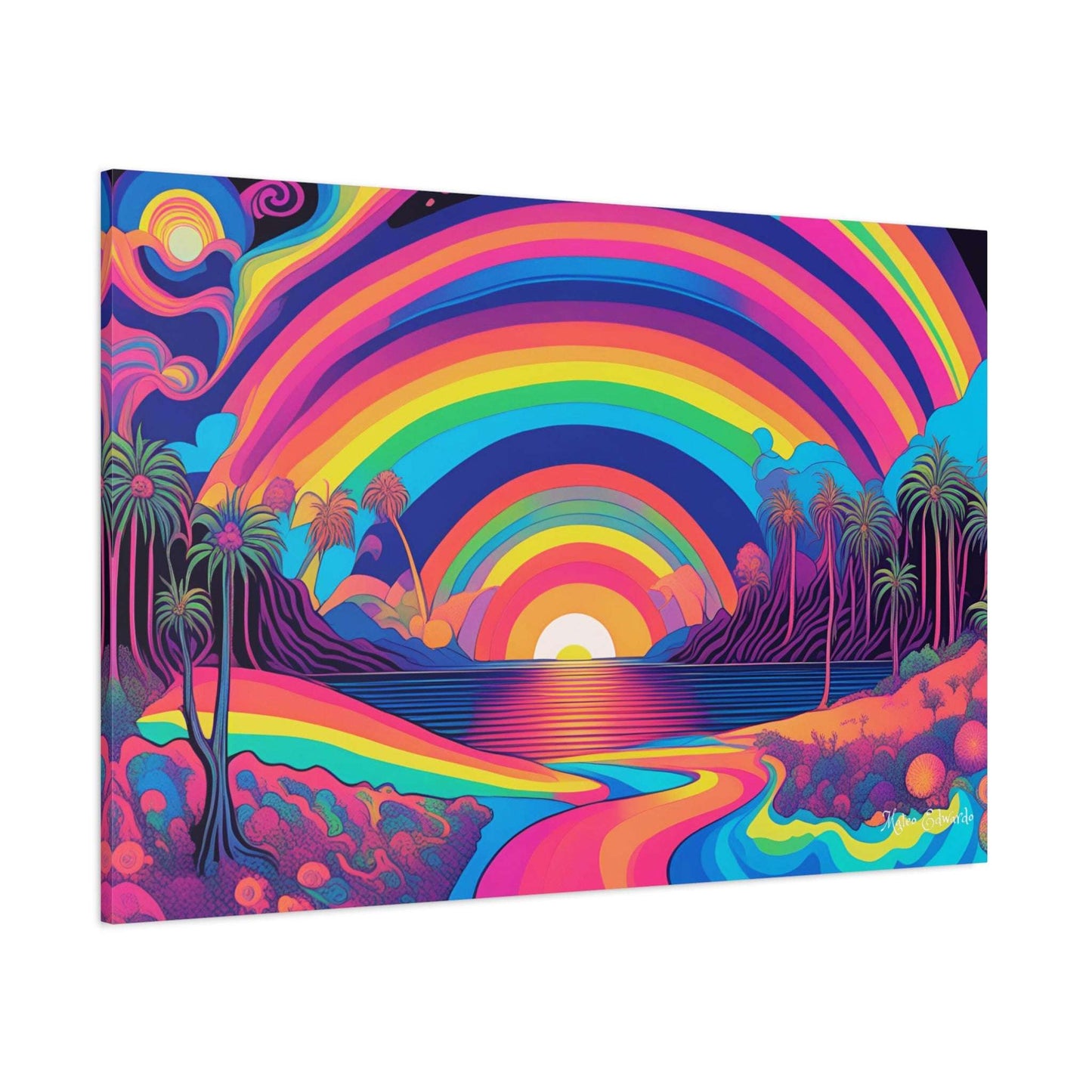 Vibrant landscape with a rainbow over a sunset, featuring Rainbow Vista Psychedelic Gothic Canvas Art for bold decor.