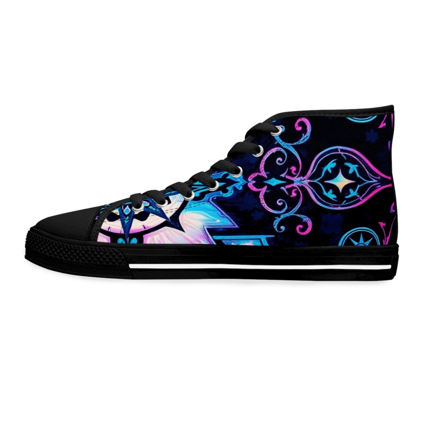 Stylish Celestial Scroll: Gothic Art High Top Sneakers showcase intricate designs for modern gothic art lovers.