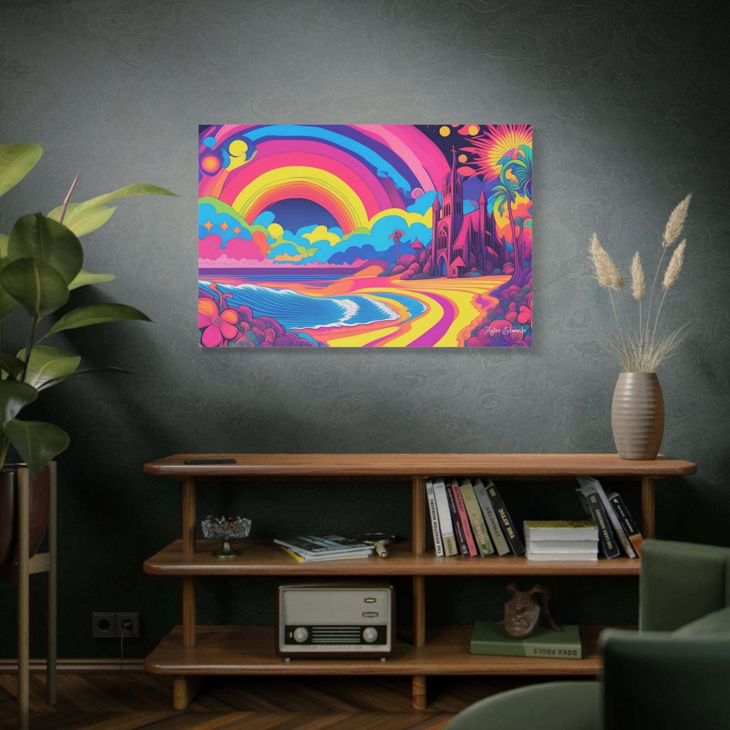Vibrant Cathedral Coast Psychedelic Gothic Canvas Art brings a whimsical beach scene to life in your space.