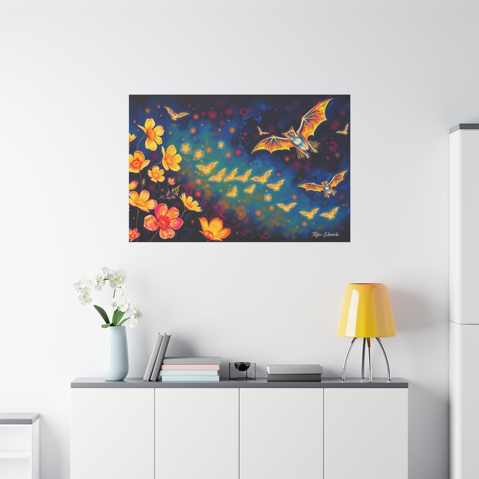 Illuminate your space with the vibrant Emberwing Bat Constellation Canvas Art showcasing glowing bats and flowers.