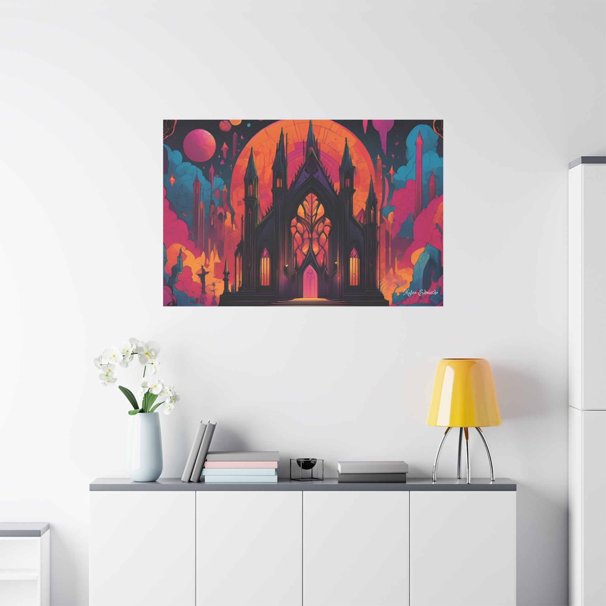 Ethereal Cathedral Gothic Canvas Art showcases a vibrant gothic cathedral amidst a surreal landscape, transforming spaces.