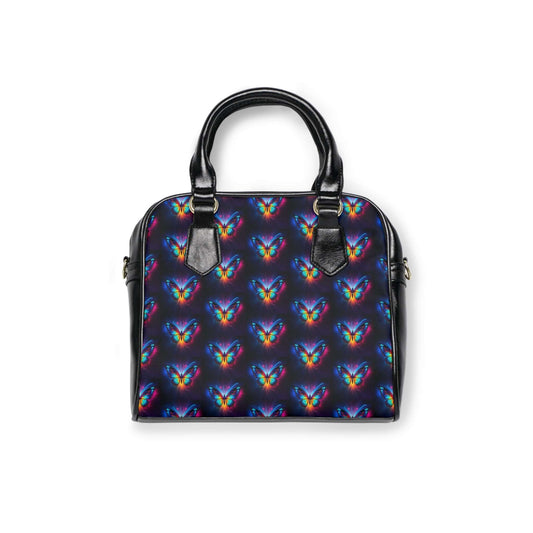 Radiant Neon Glow Butterfly Gothic Shoulder Bag features vibrant butterfly wings on a dark, pixelated design. Perfect for gothic style.
