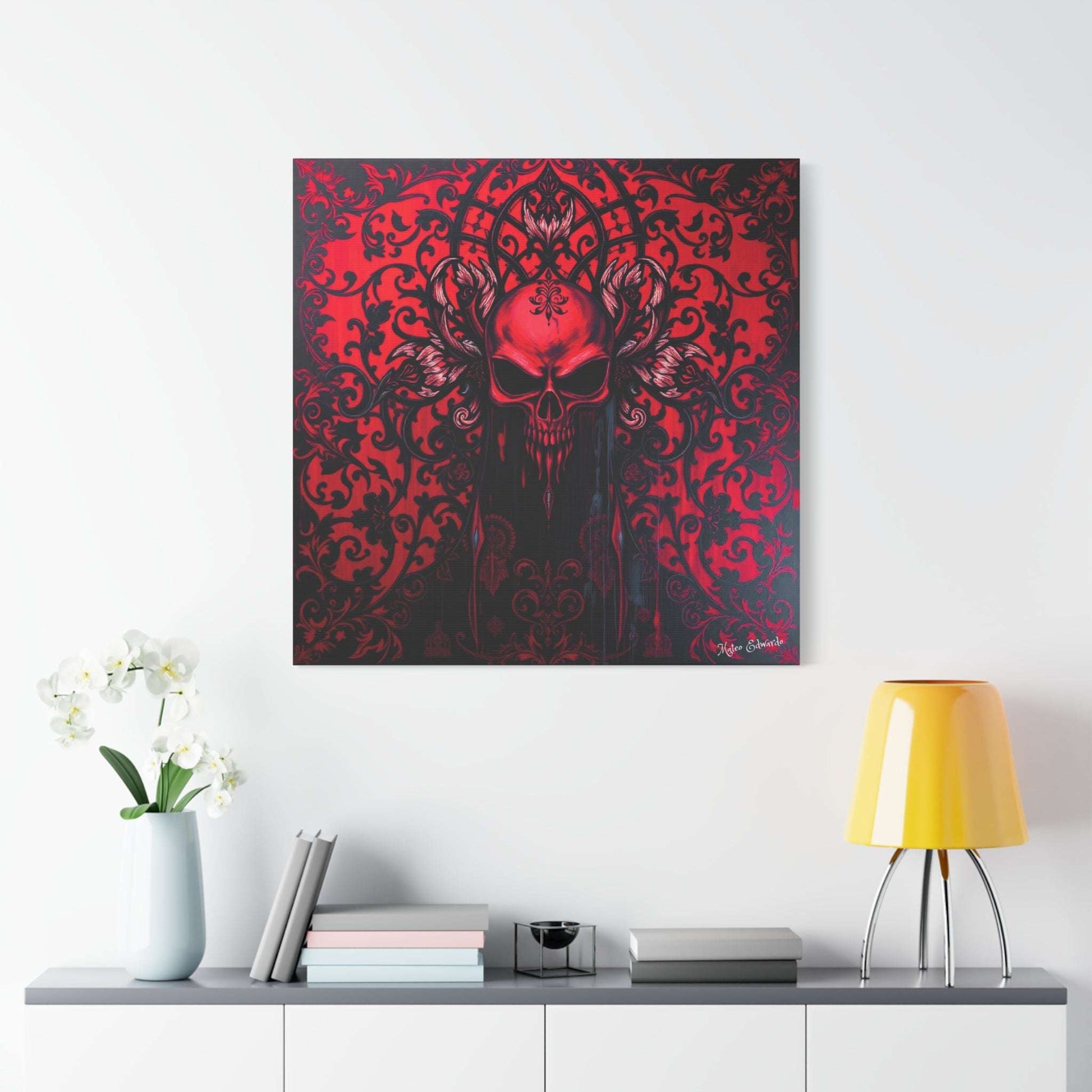 Striking Scarlet Skull & Onyx Filigree art piece, perfect for modern gothic home decor.