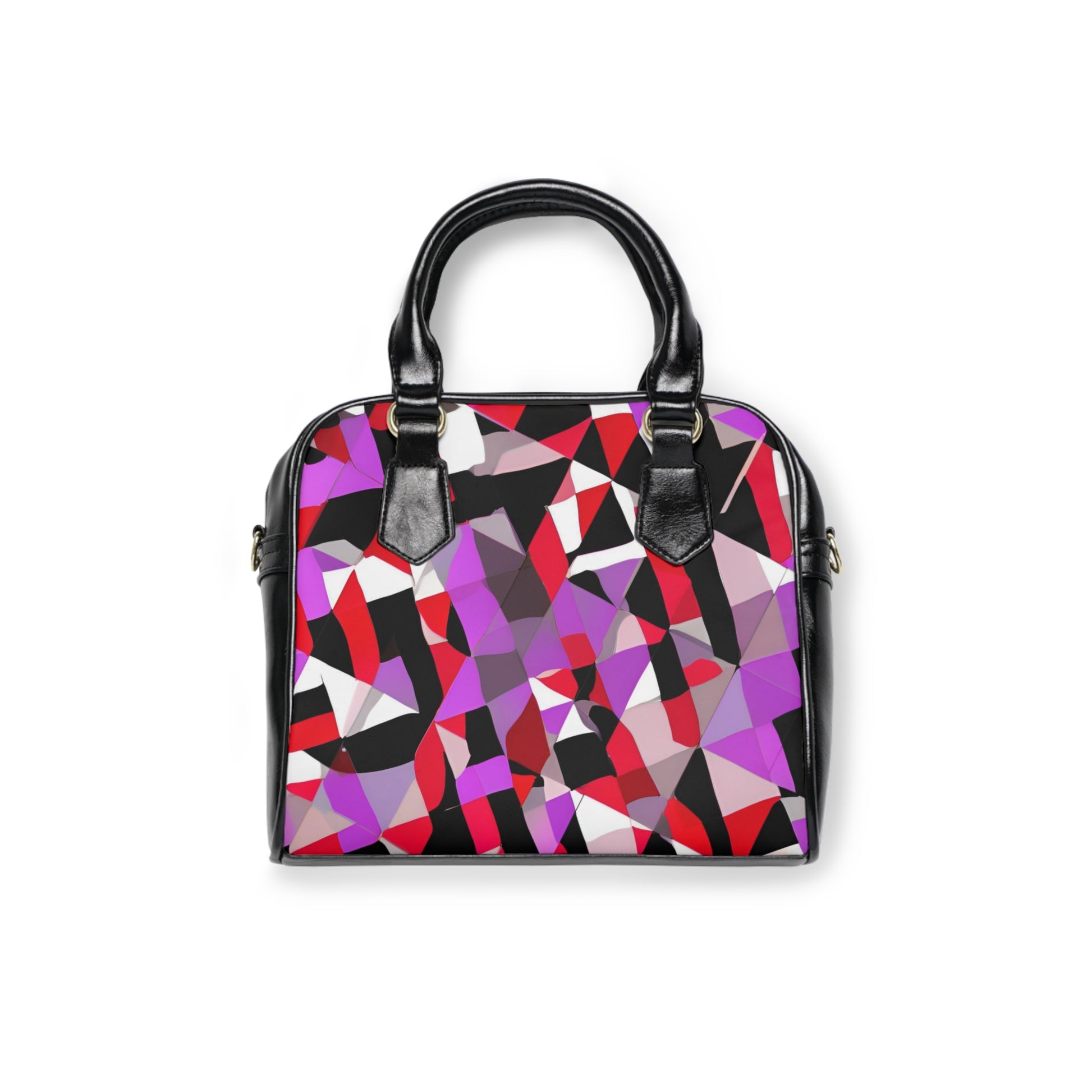Stylish Amethyst Edge: Abstract Form Shoulder Bag features bold, jagged shapes in violet, crimson, black, and white.