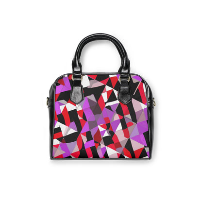 Stylish Amethyst Edge: Abstract Form Shoulder Bag features bold, jagged shapes in violet, crimson, black, and white.