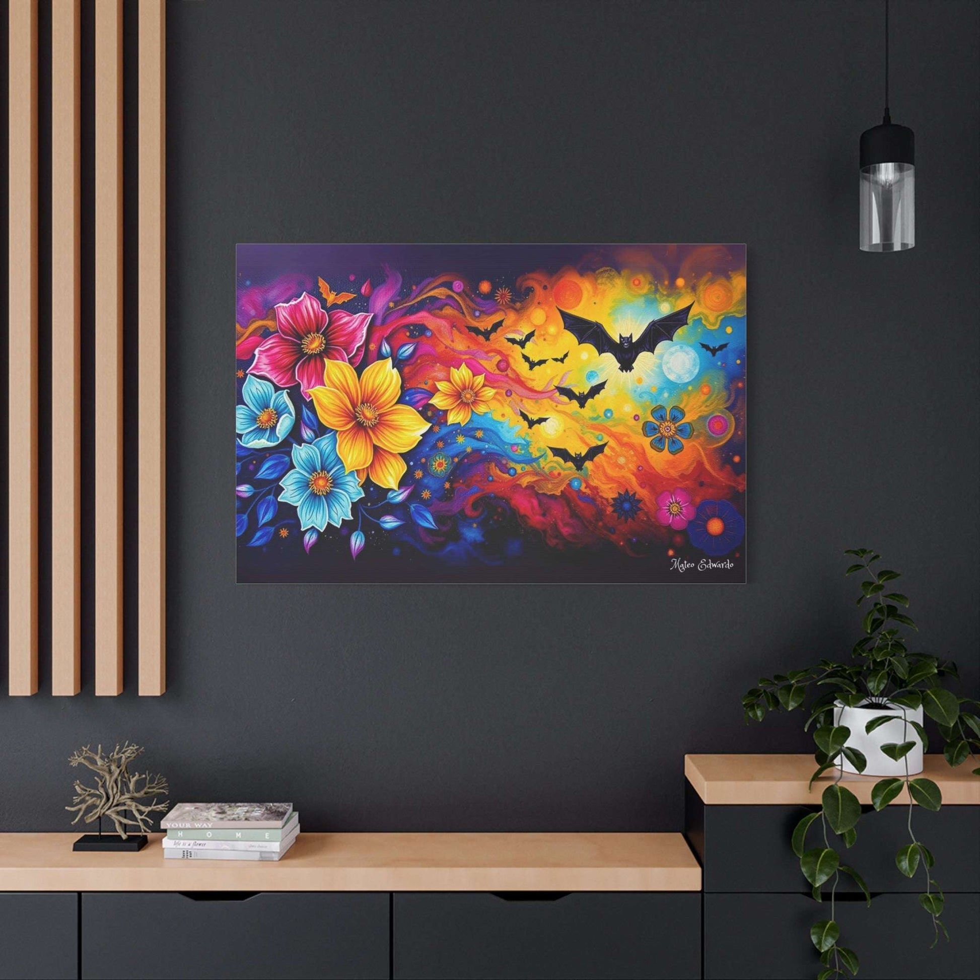 Vibrant Spectral Flight & Floral Cascade Canvas Art, featuring bats and colorful flowers, enhances any room's decor.