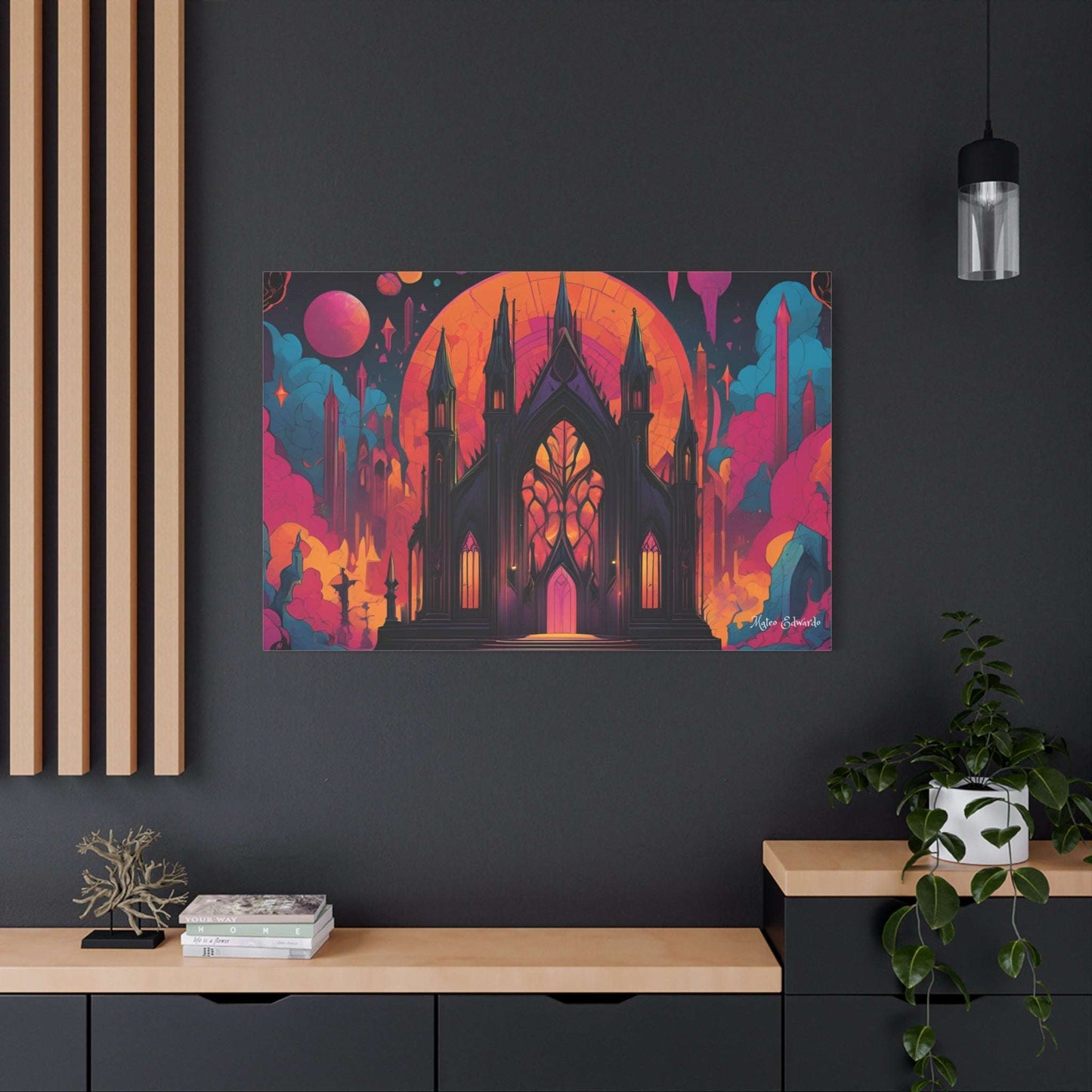Transform your space with Ethereal Cathedral Gothic Canvas Art, showcasing a vibrant gothic cathedral in a surreal landscape.
